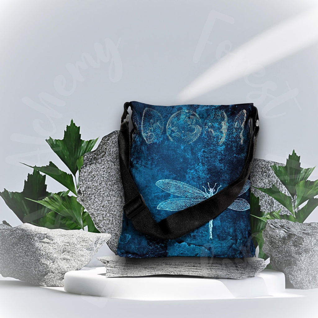 Mystic Dragonfly Shoulder Bag: Adjustable Tote for Stylish Nature Enthusiasts | Moon Phase Faerie Market Tote | Forest Aesthetic
