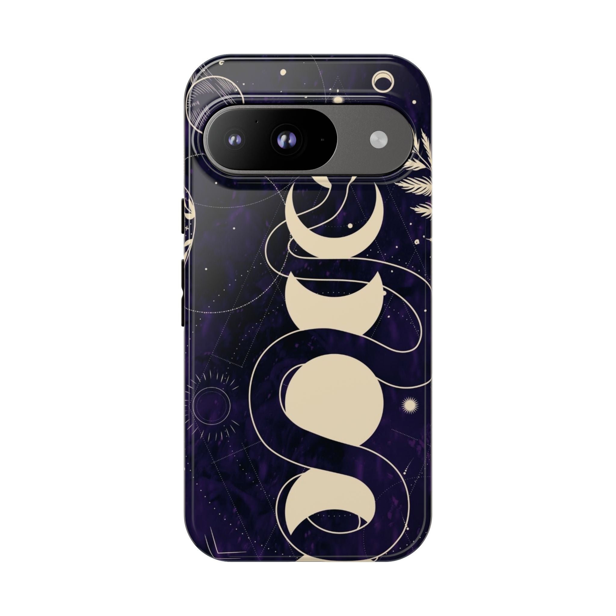 Dark Violet Phone Case with Lunar Phases, Snake & Cosmic Motifs | Durable and Stylish, Perfect for Astrology Lovers