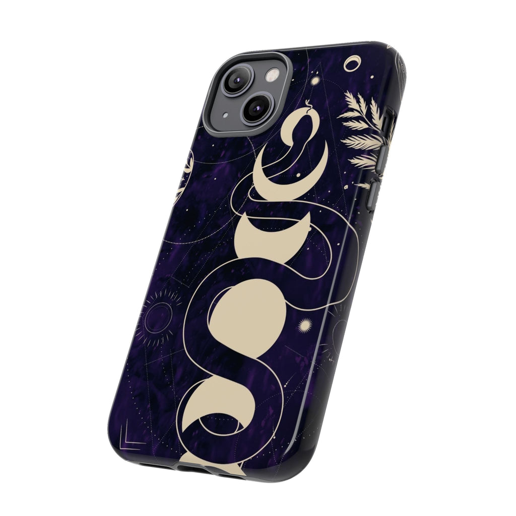 Dark Violet Phone Case with Lunar Phases, Snake & Cosmic Motifs | Durable and Stylish, Perfect for Astrology Lovers