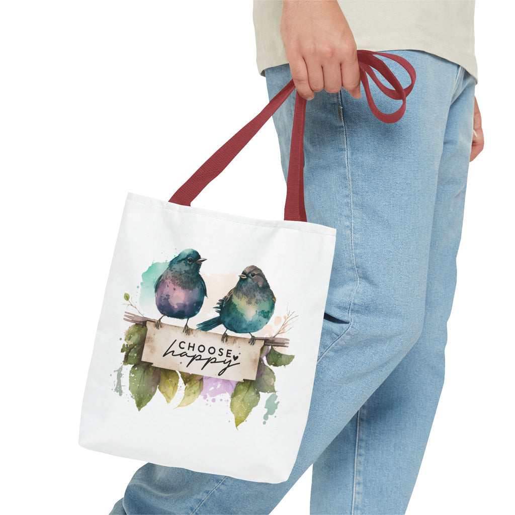Cheerful Bird Design Tote Bag - Choose Happy Watercolor Print - 3 Sizes Available | Bird Lover Gift Idea |  Whimsical Birds Versatile Tote