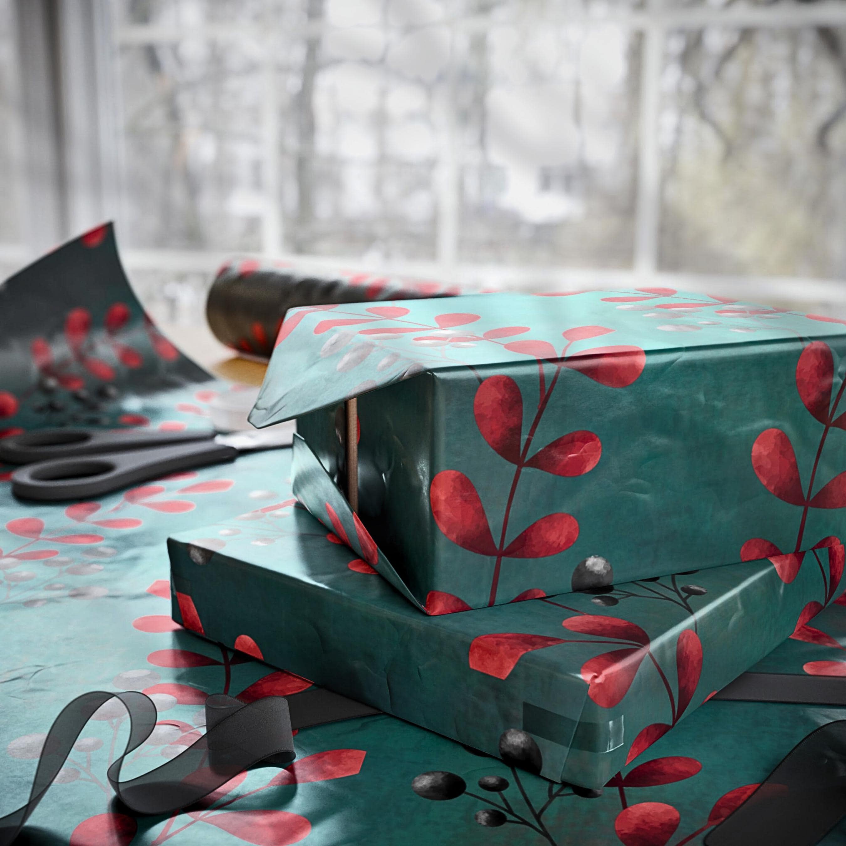 Winter Berry Holiday Wrapping Paper | Red Berries on Teal | Christmas Gift Wrap Sheets