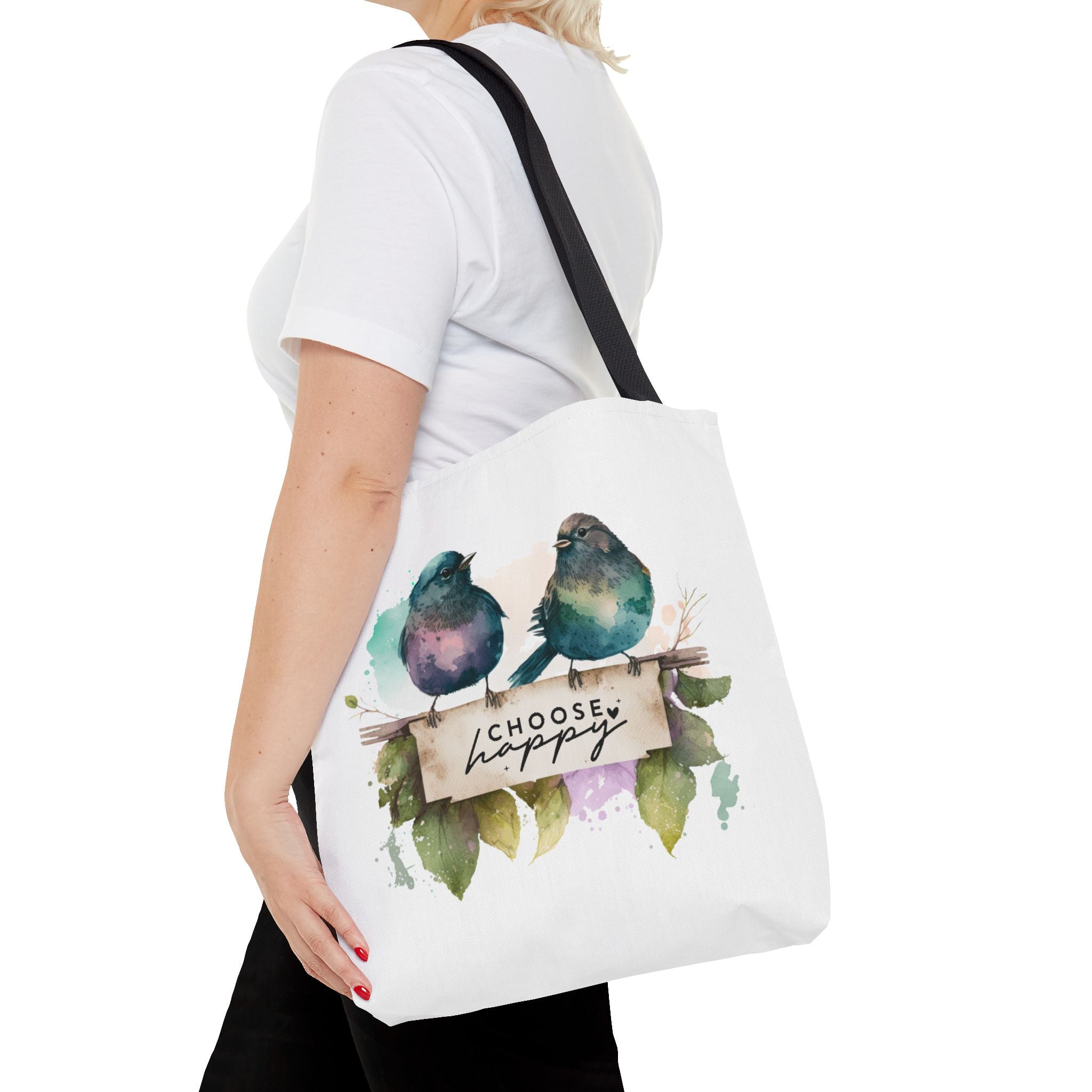 Cheerful Bird Design Tote Bag - Choose Happy Watercolor Print - 3 Sizes Available | Bird Lover Gift Idea |  Whimsical Birds Versatile Tote