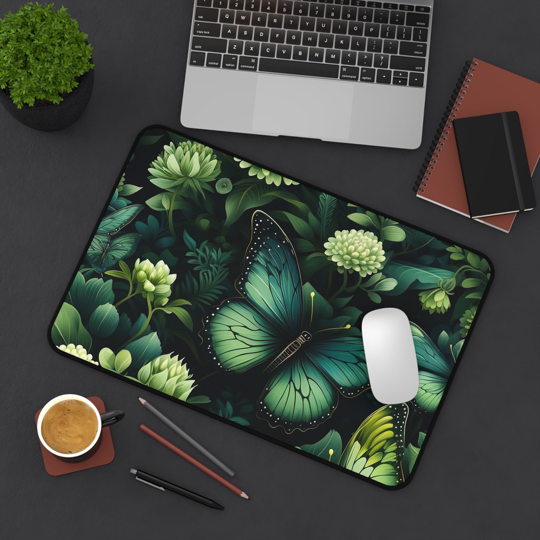 Botany of Wings Emerald Desk Mat: Vibrant neoprene mat in 3 sizes, Dark Butterfly Print