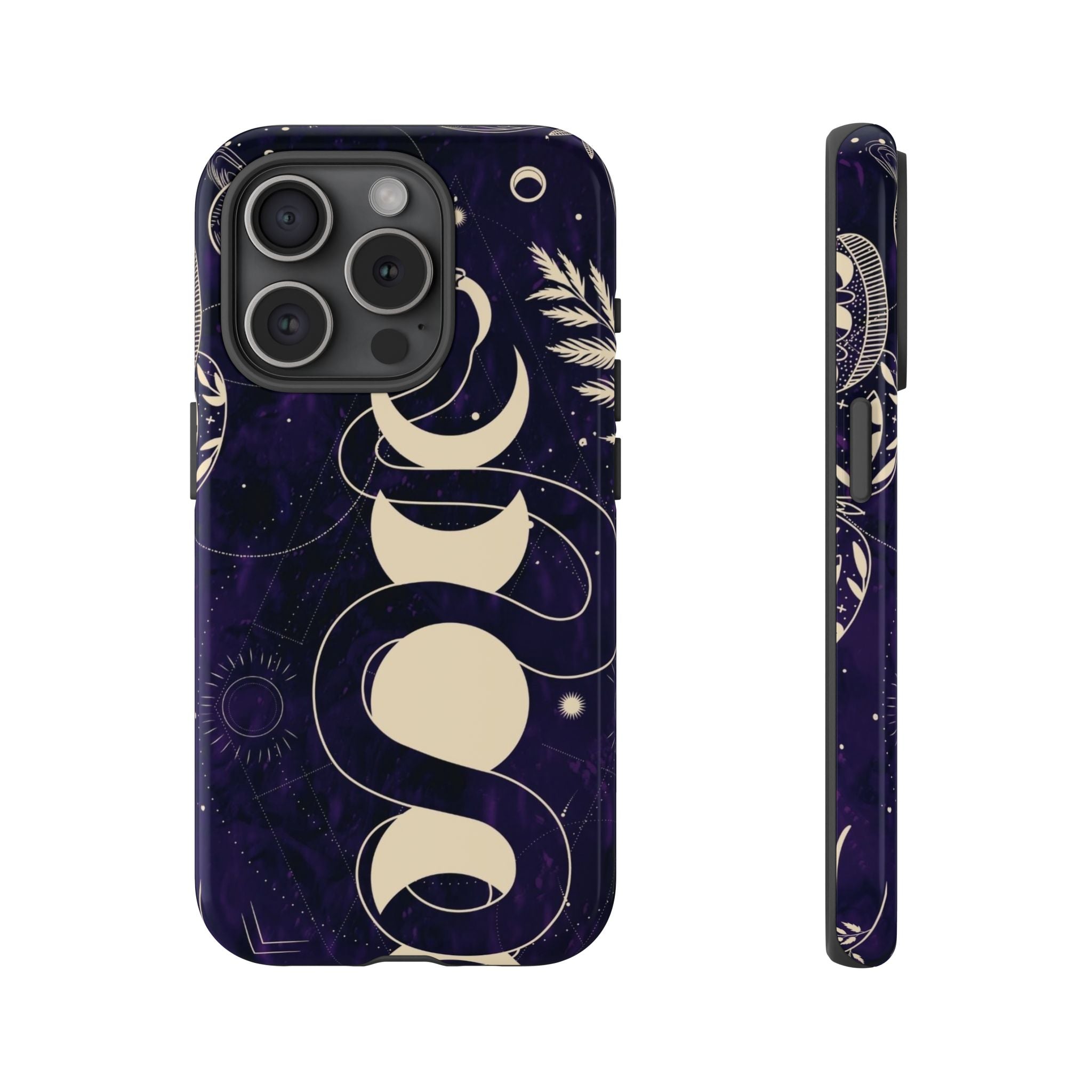 Dark Violet Phone Case with Lunar Phases, Snake & Cosmic Motifs | Durable and Stylish, Perfect for Astrology Lovers