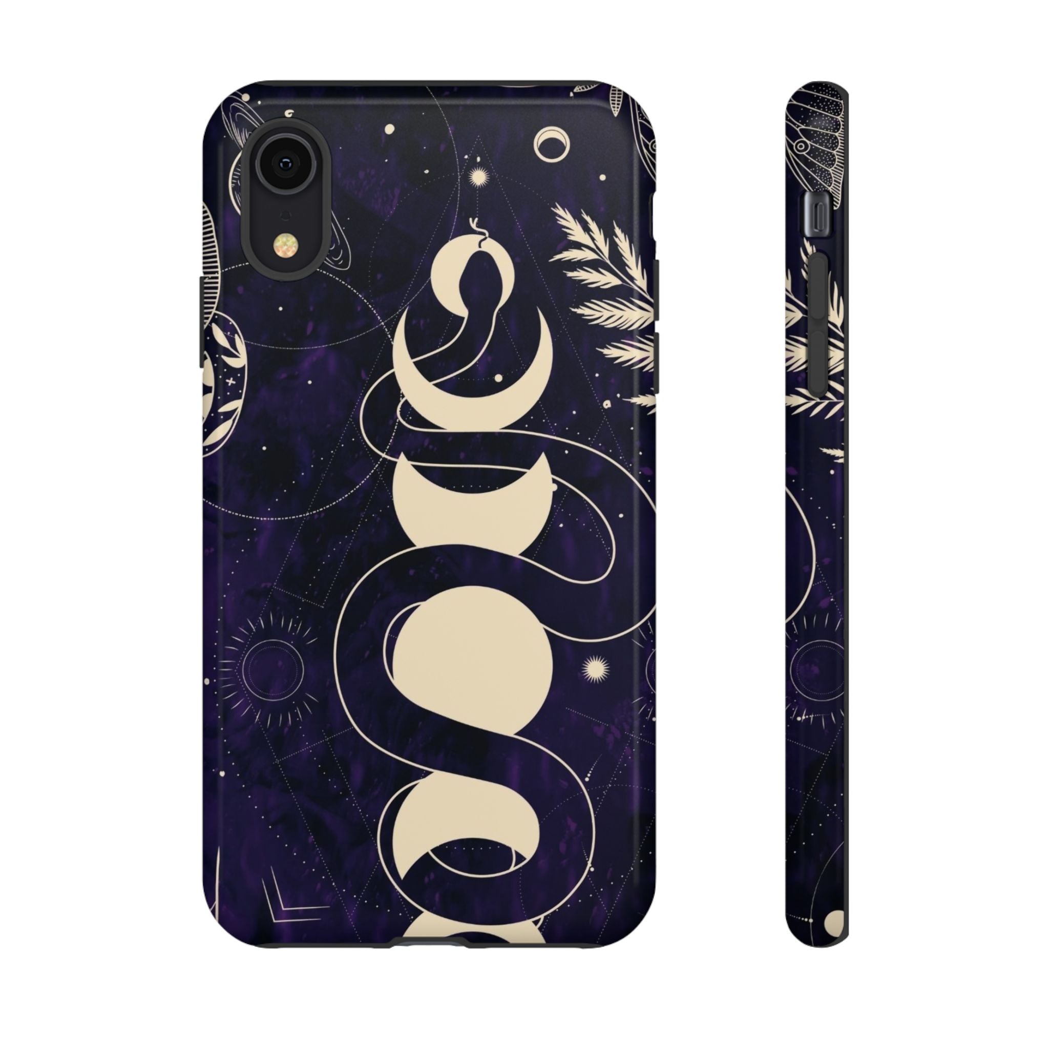 Dark Violet Phone Case with Lunar Phases, Snake & Cosmic Motifs | Durable and Stylish, Perfect for Astrology Lovers