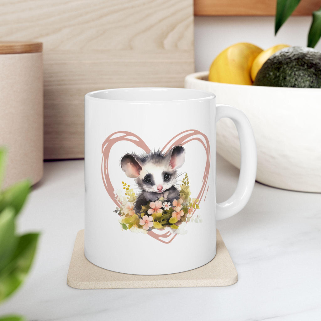 Opossum Ceramic Mug, Cute Floral Heart Opossum Lover Gift, 11oz 15oz Coffee Cup, Animal Wildlife Tea Mug, Gift for Nature Enthusiasts