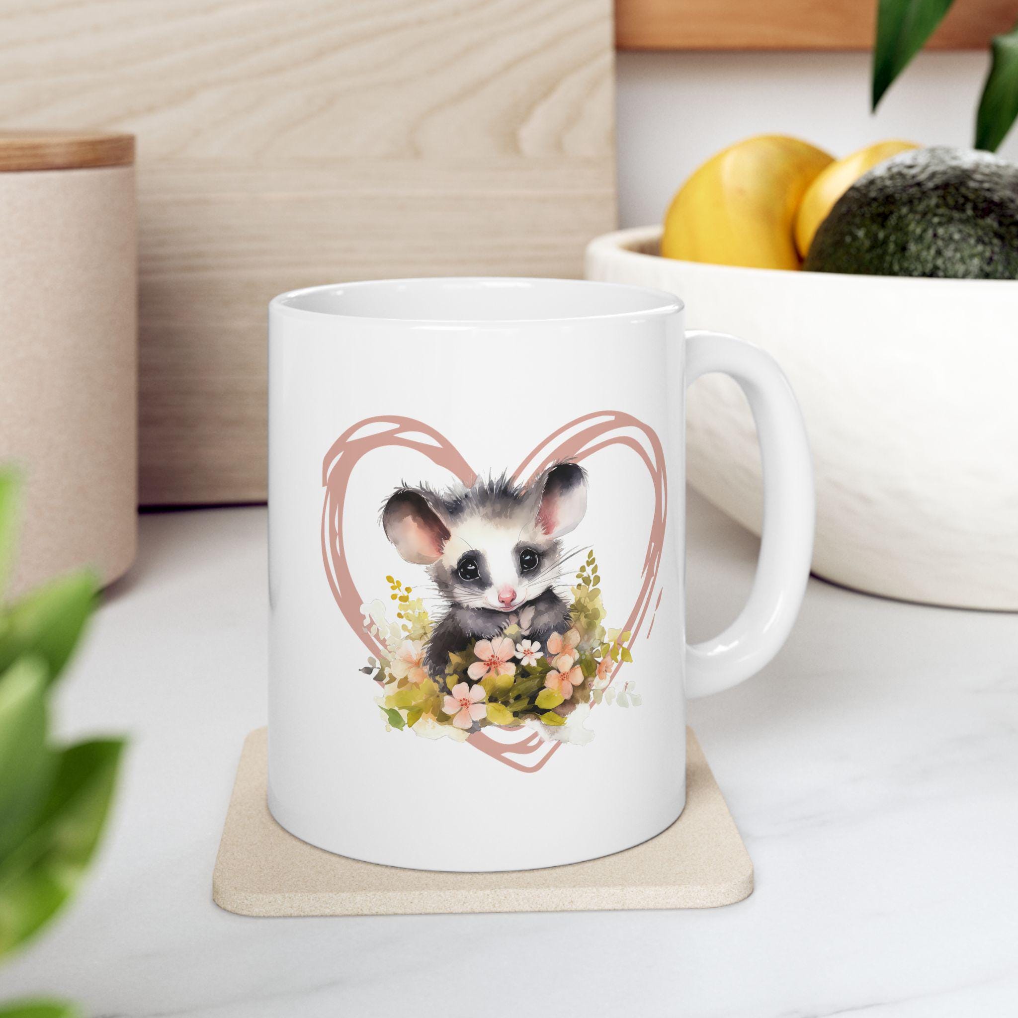 Opossum Ceramic Mug, Cute Floral Heart Opossum Lover Gift, 11oz 15oz Coffee Cup, Animal Wildlife Tea Mug, Gift for Nature Enthusiasts