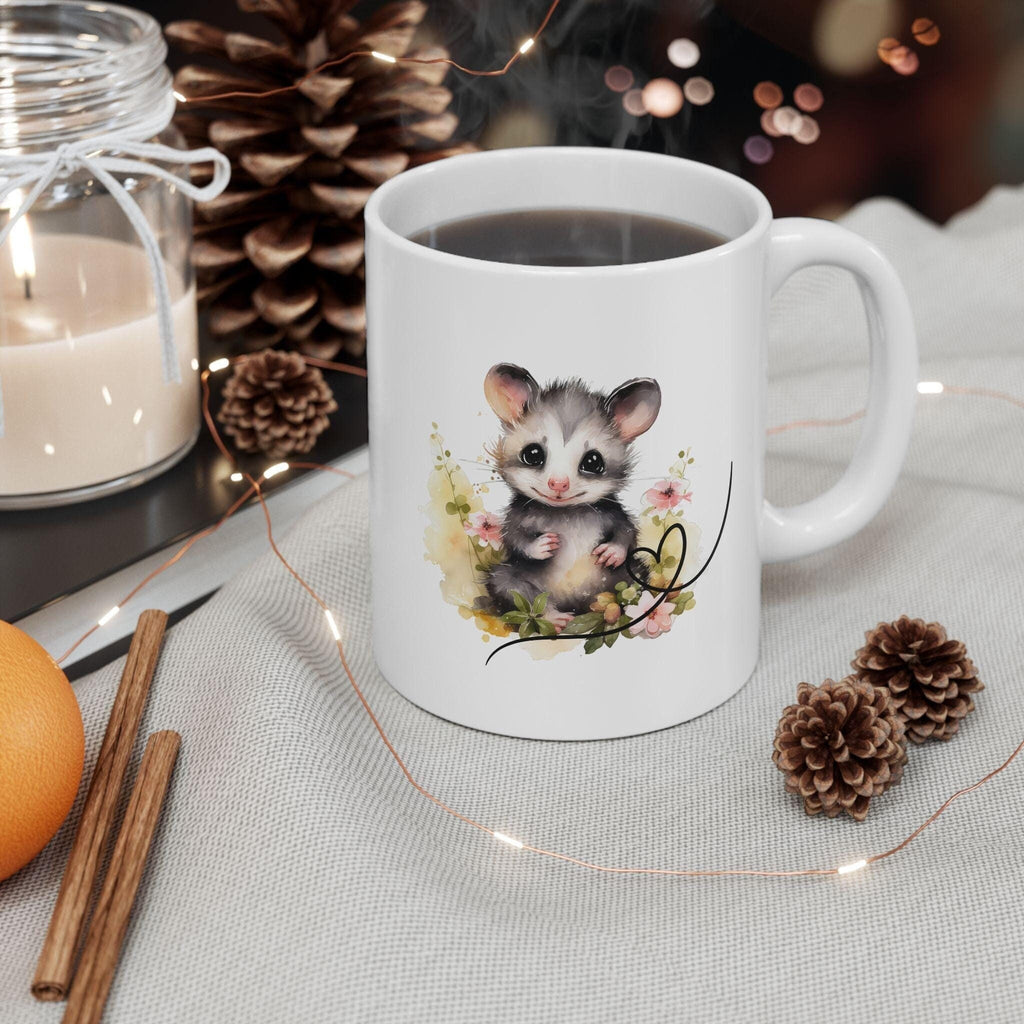 Opossum Ceramic Mug, Cute Floral Heart Opossum Lover Gift, 11oz 15oz Coffee Cup, Animal Wildlife Tea Mug, Gift for Nature Enthusiasts
