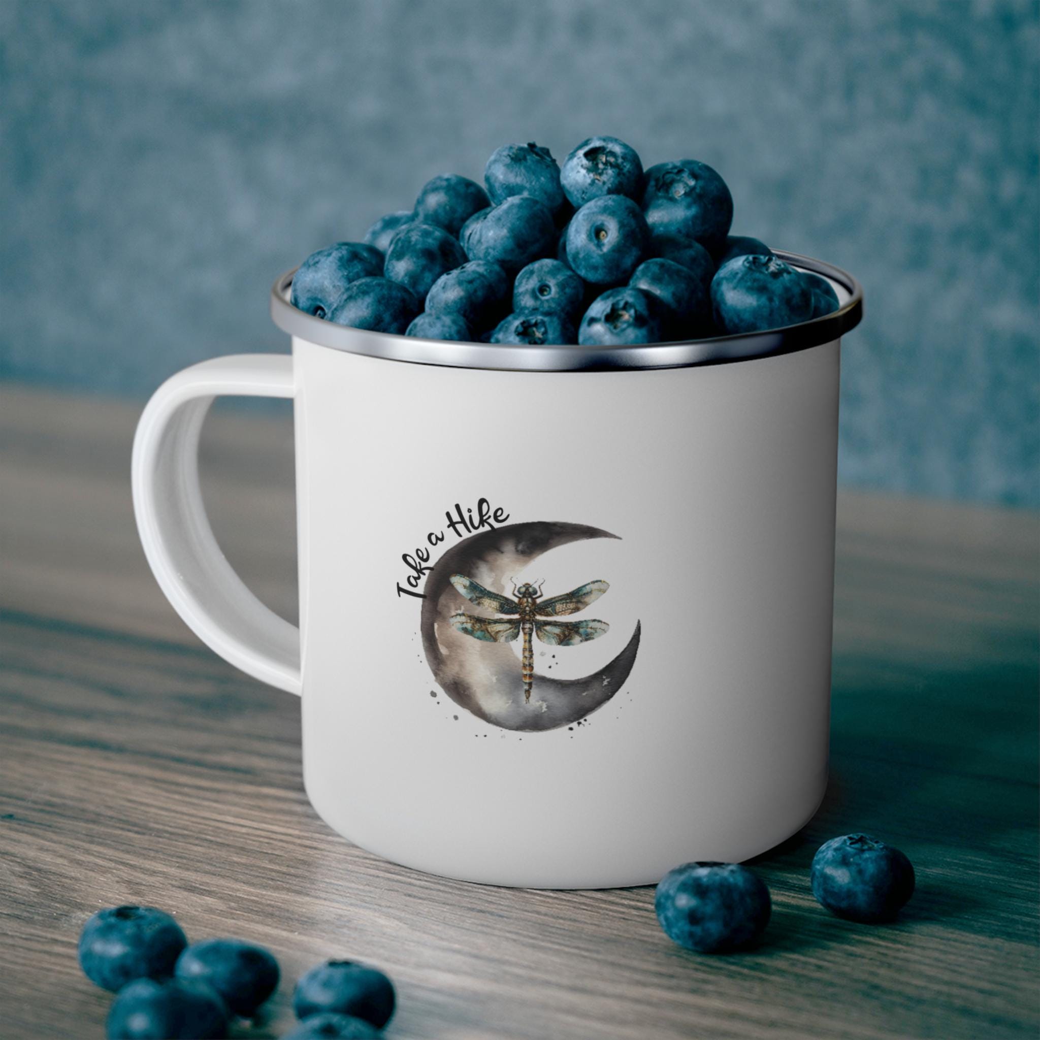 Enamel Camping Mug: Moon, Dragonfly, 'Take a Hike' Design