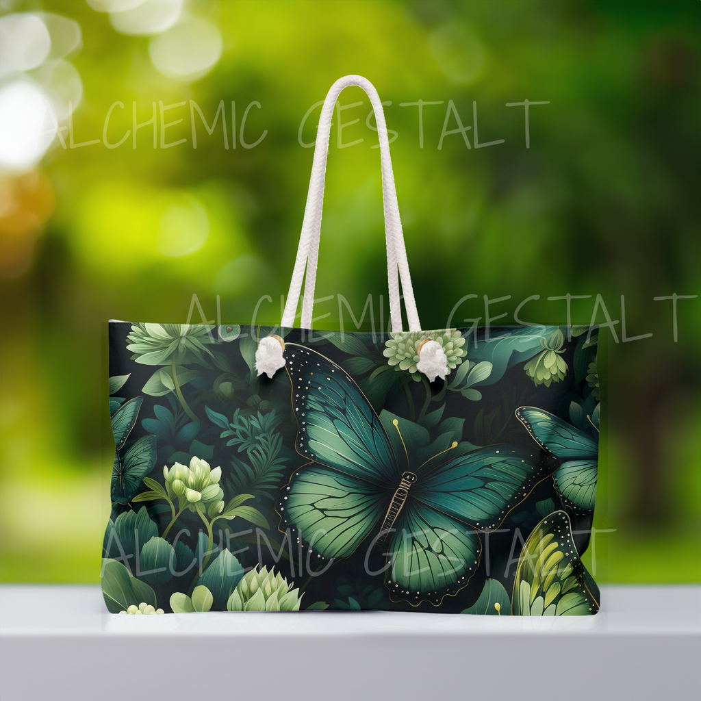 Botany of Wings Emerald Tote: Stylish Weekender Bag for trips and getaways. Spacious, nature-inspired, perfect for travel lovers!