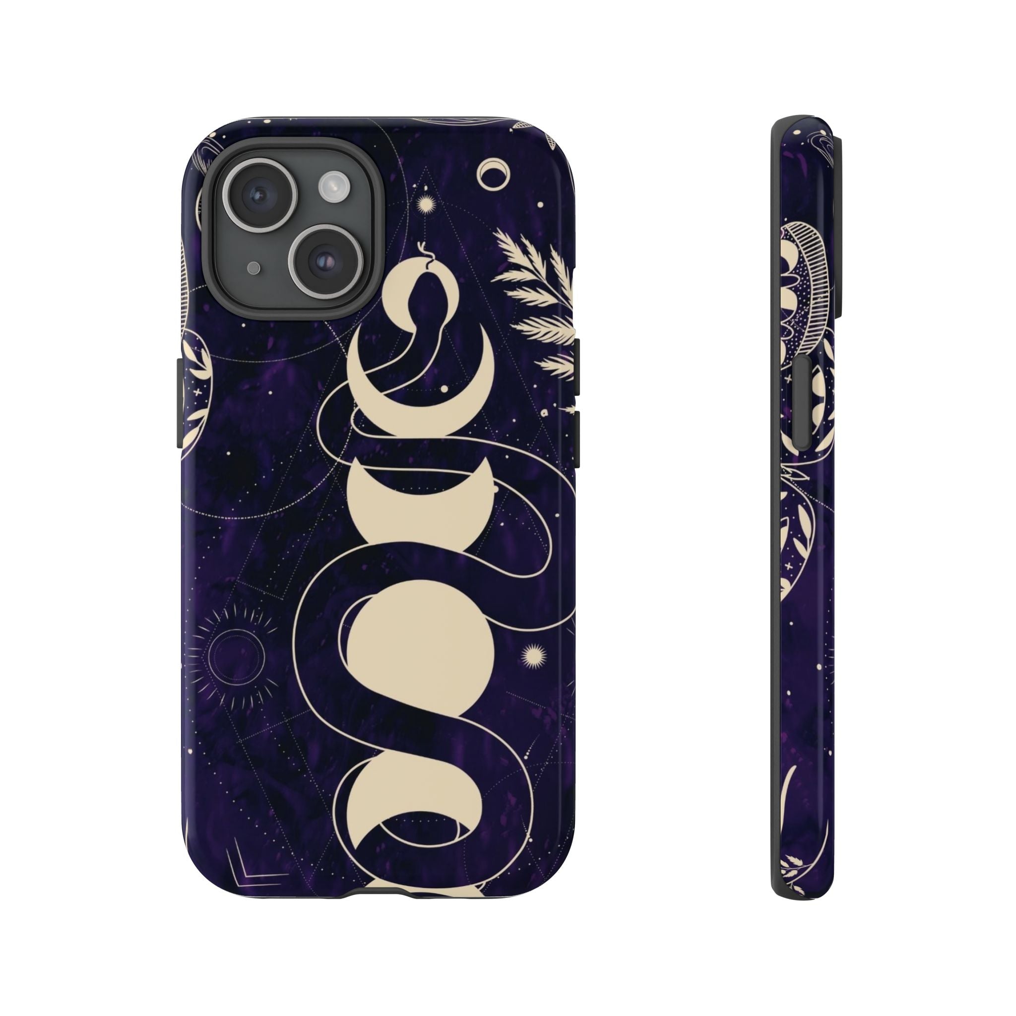 Dark Violet Phone Case with Lunar Phases, Snake & Cosmic Motifs | Durable and Stylish, Perfect for Astrology Lovers