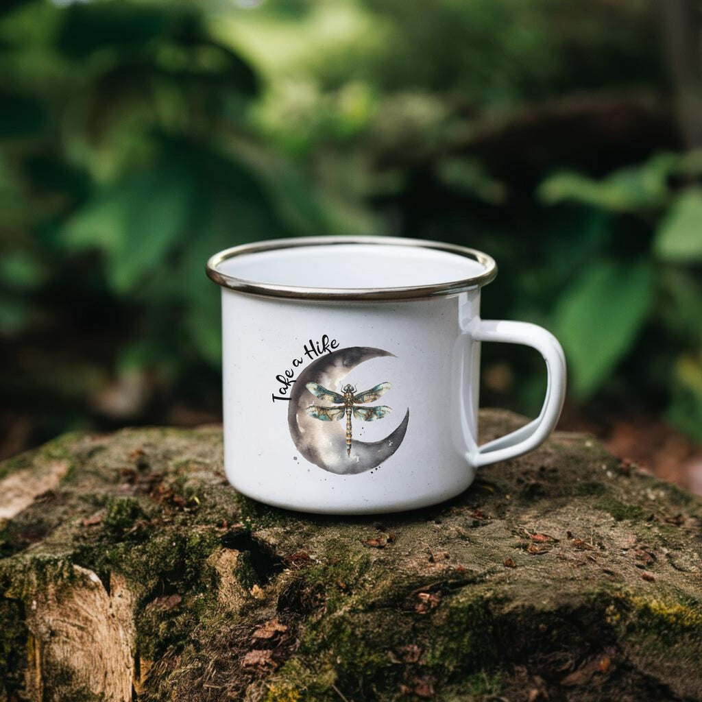 Enamel Camping Mug: Moon, Dragonfly, 'Take a Hike' Design