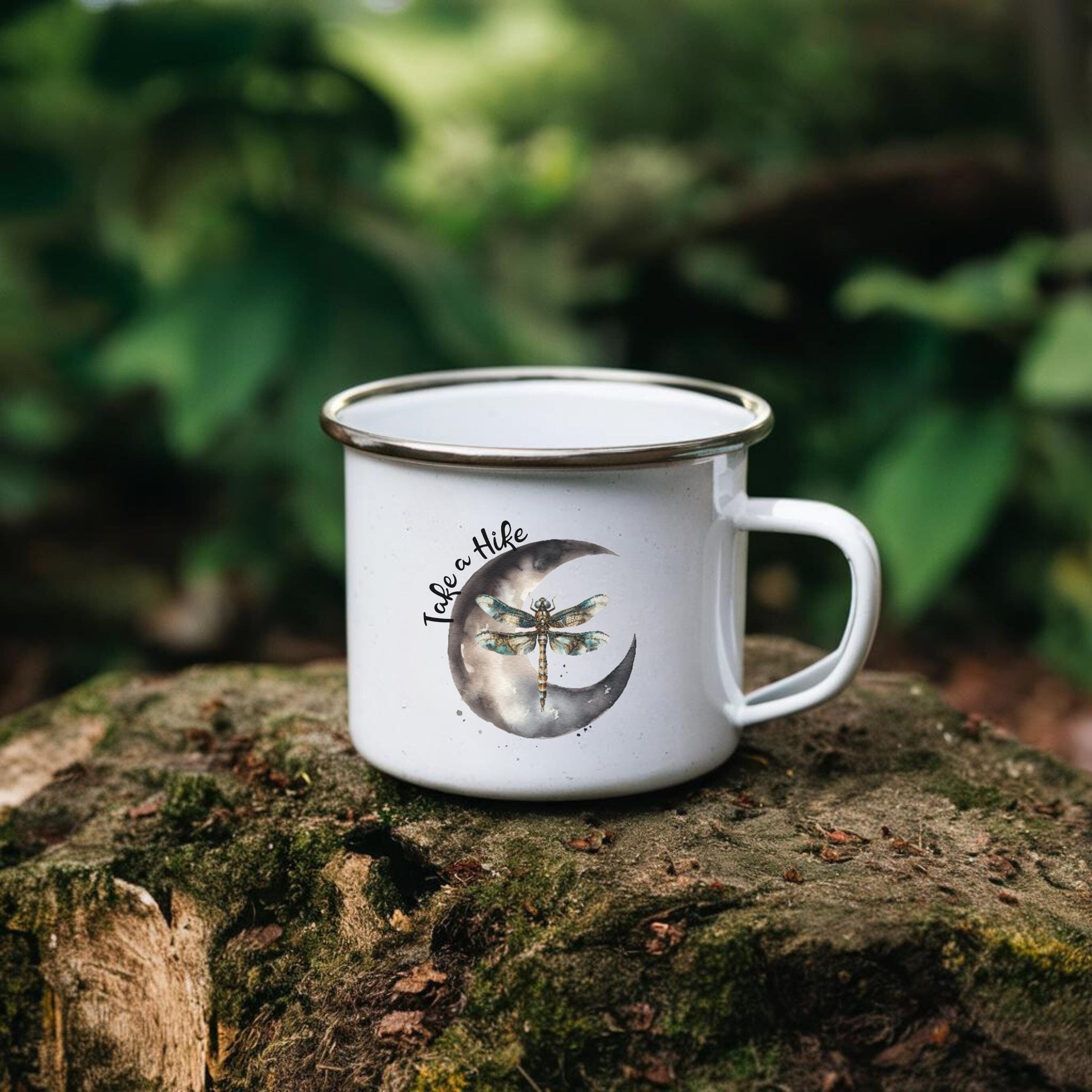 Enamel Camping Mug: Moon, Dragonfly, 'Take a Hike' Design