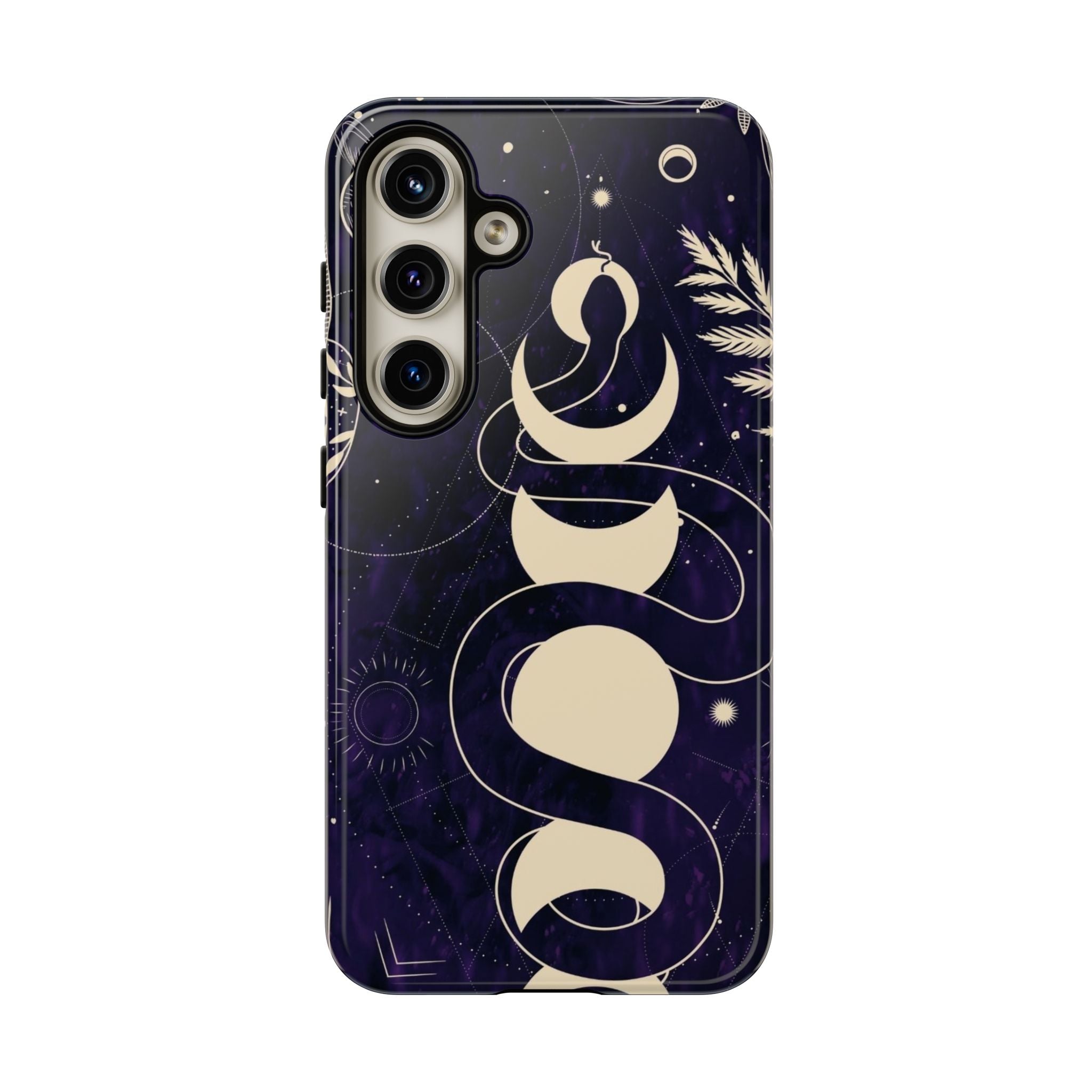 Dark Violet Phone Case with Lunar Phases, Snake & Cosmic Motifs | Durable and Stylish, Perfect for Astrology Lovers