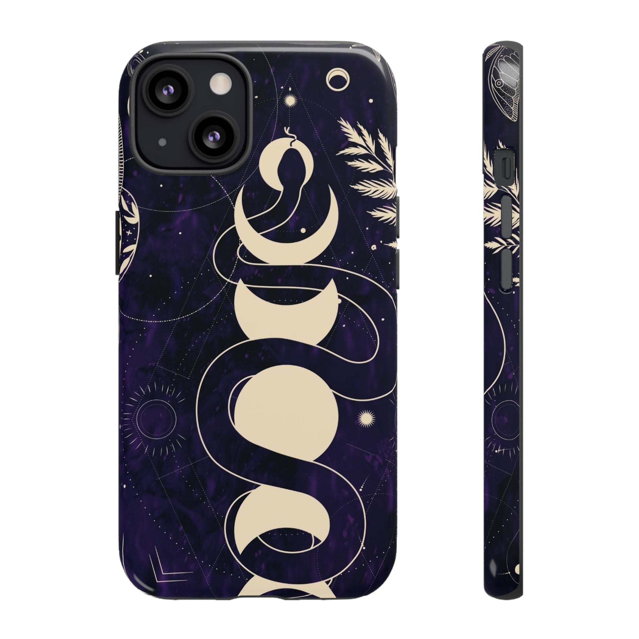 Dark Violet Phone Case with Lunar Phases, Snake & Cosmic Motifs | Durable and Stylish, Perfect for Astrology Lovers