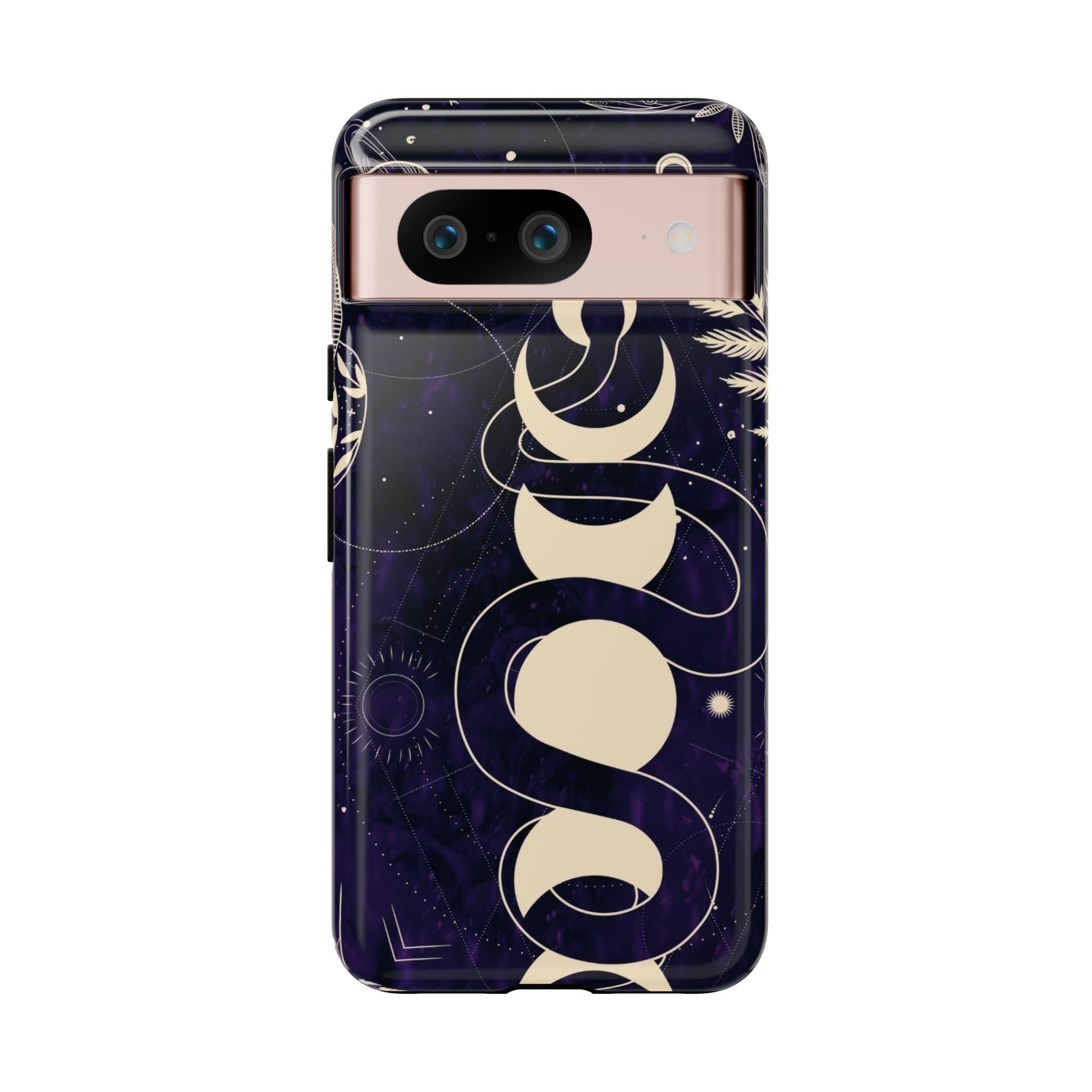Dark Violet Phone Case with Lunar Phases, Snake & Cosmic Motifs | Durable and Stylish, Perfect for Astrology Lovers