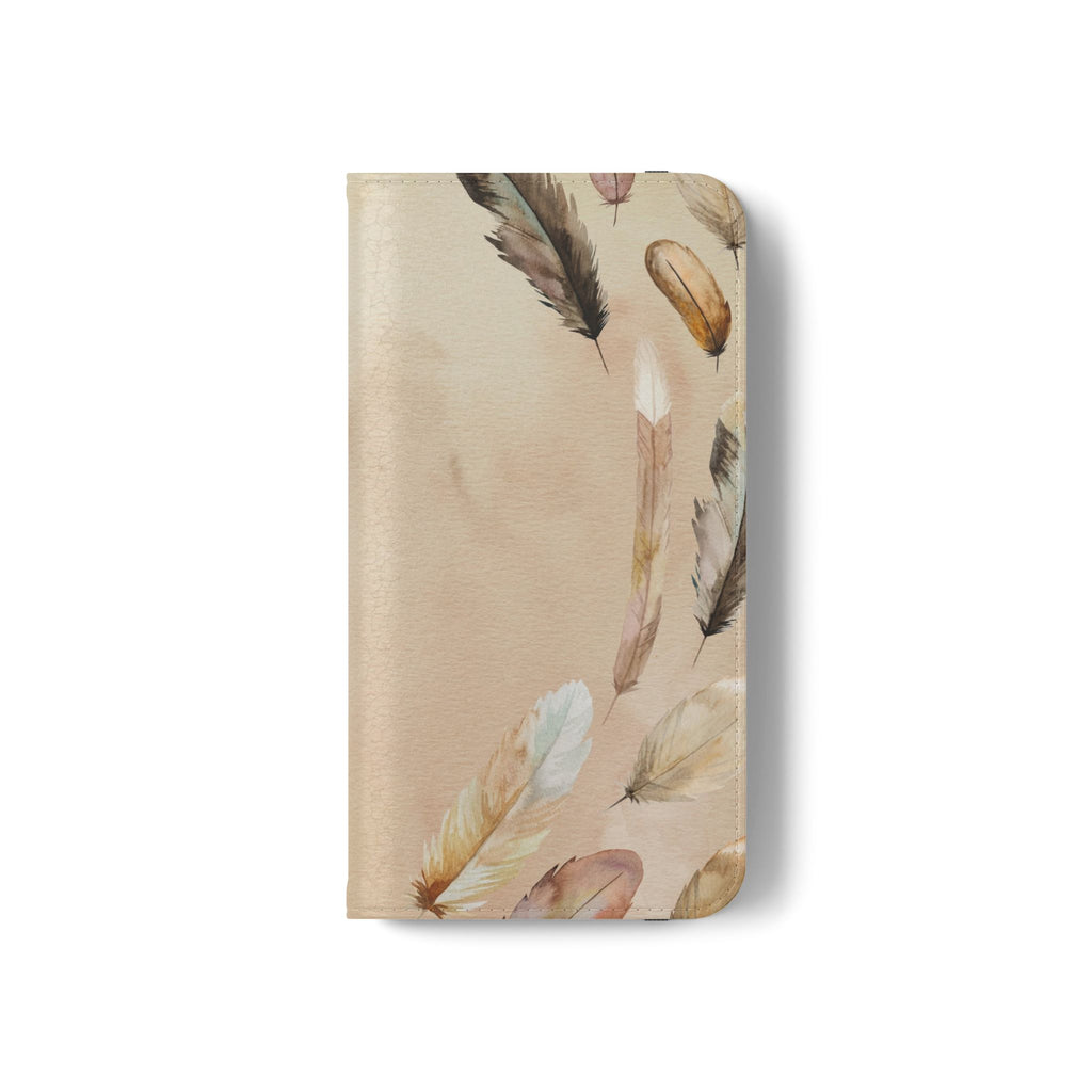 Feathers Flip Case, Phone Case, Protective Cover, Faux Leather Stand Feature Card & Cash Storage, Vibrant Colors, Stylish and Practical