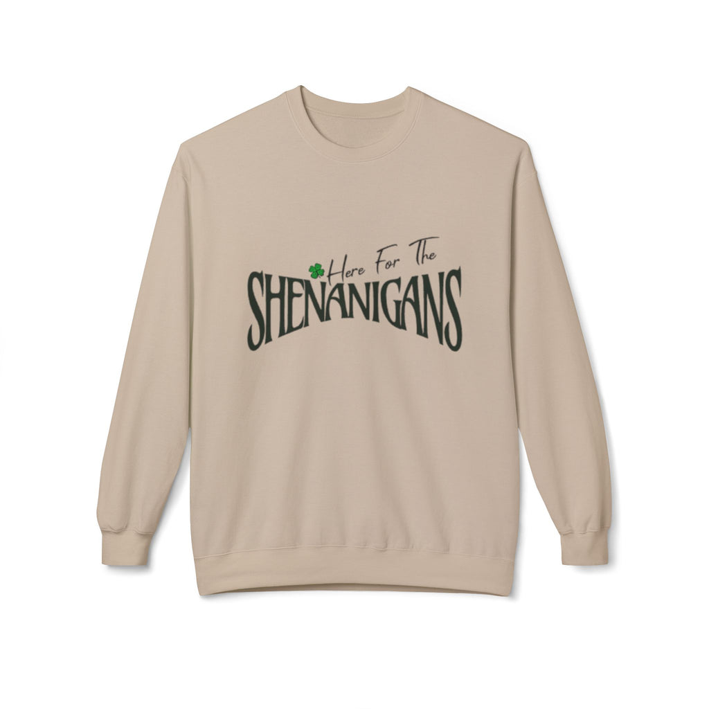 St. Patrick's Day Sweatshirt, Here for the Shenanigans Crewneck Sweater, Green Fleece Pullover, Casual Gift for Friends, Holiday Apparel