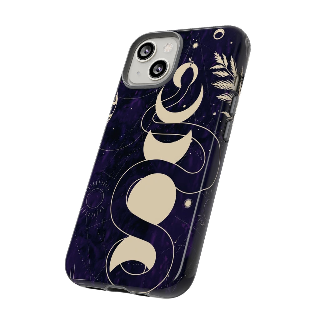 Dark Violet Phone Case with Lunar Phases, Snake & Cosmic Motifs | Durable and Stylish, Perfect for Astrology Lovers