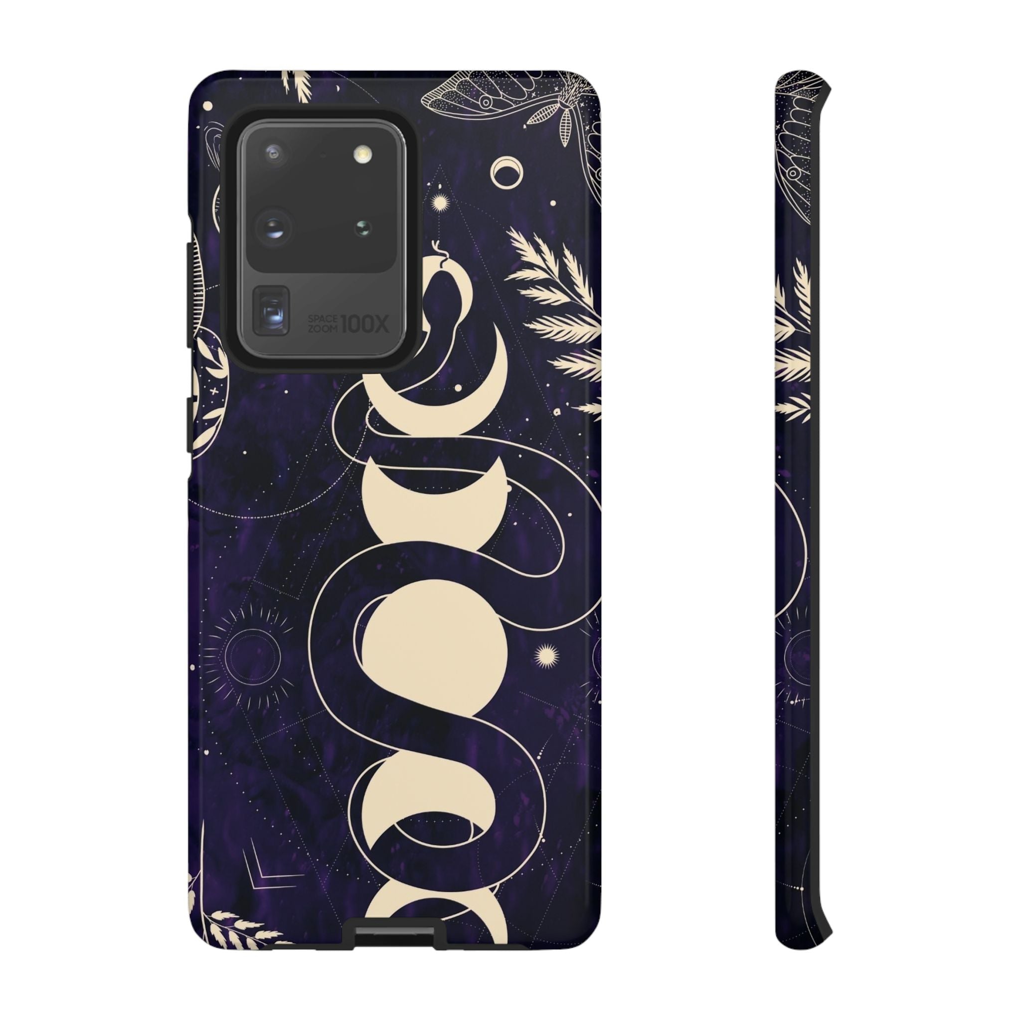 Dark Violet Phone Case with Lunar Phases, Snake & Cosmic Motifs | Durable and Stylish, Perfect for Astrology Lovers