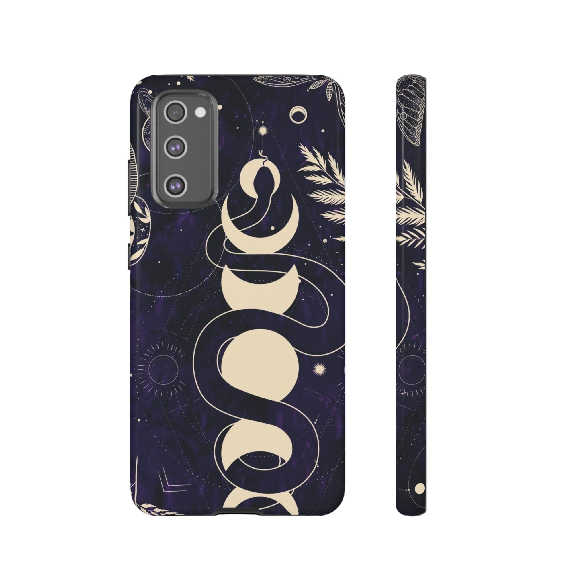 Dark Violet Phone Case with Lunar Phases, Snake & Cosmic Motifs | Durable and Stylish, Perfect for Astrology Lovers