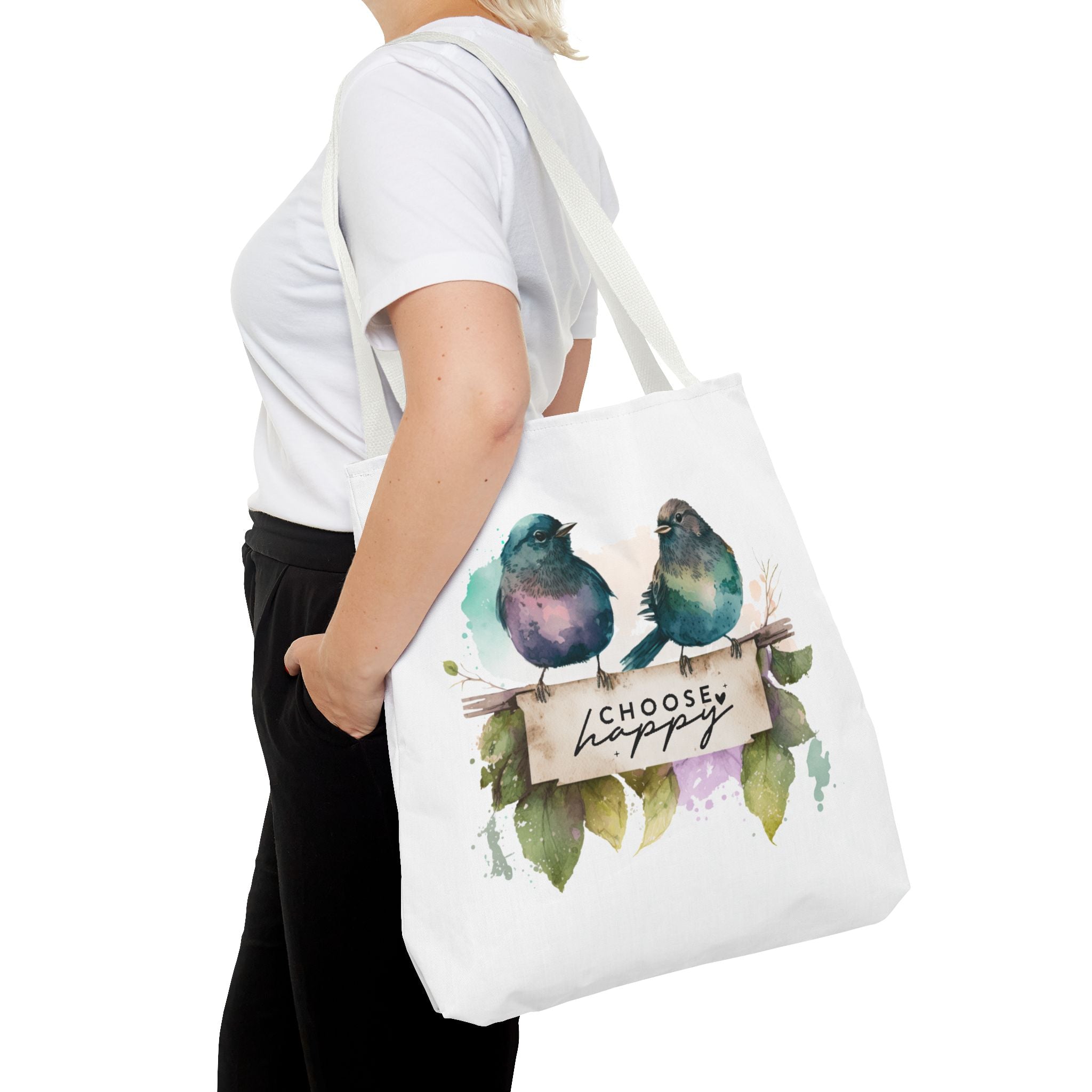 Cheerful Bird Design Tote Bag - Choose Happy Watercolor Print - 3 Sizes Available | Bird Lover Gift Idea |  Whimsical Birds Versatile Tote