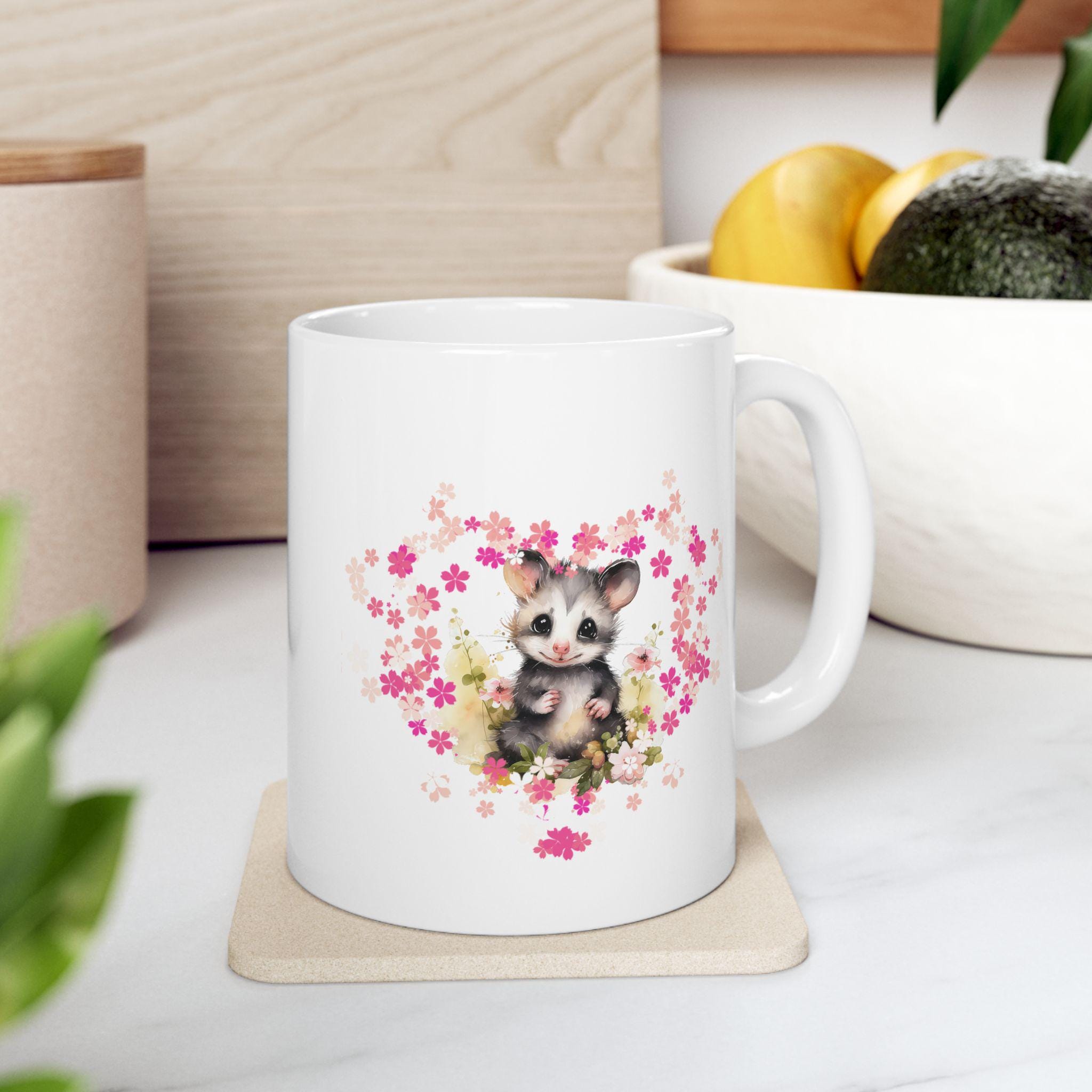Opossum Ceramic Mug, Cute Floral Heart Opossum Lover Gift, 11oz 15oz Coffee Cup, Animal Wildlife Tea Mug, Gift for Nature Enthusiasts