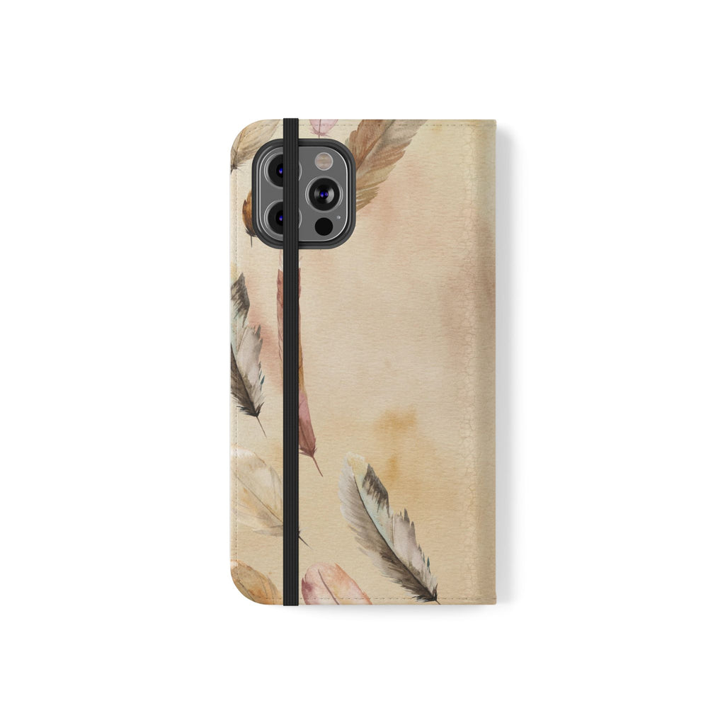 Feathers Flip Case, Phone Case, Protective Cover, Faux Leather Stand Feature Card & Cash Storage, Vibrant Colors, Stylish and Practical
