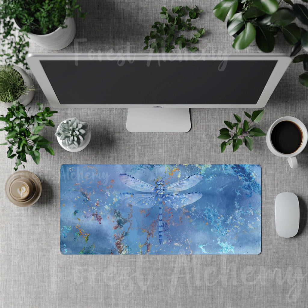 Blue Dragonfly Desk Mat: Serene Artistic Office Decor