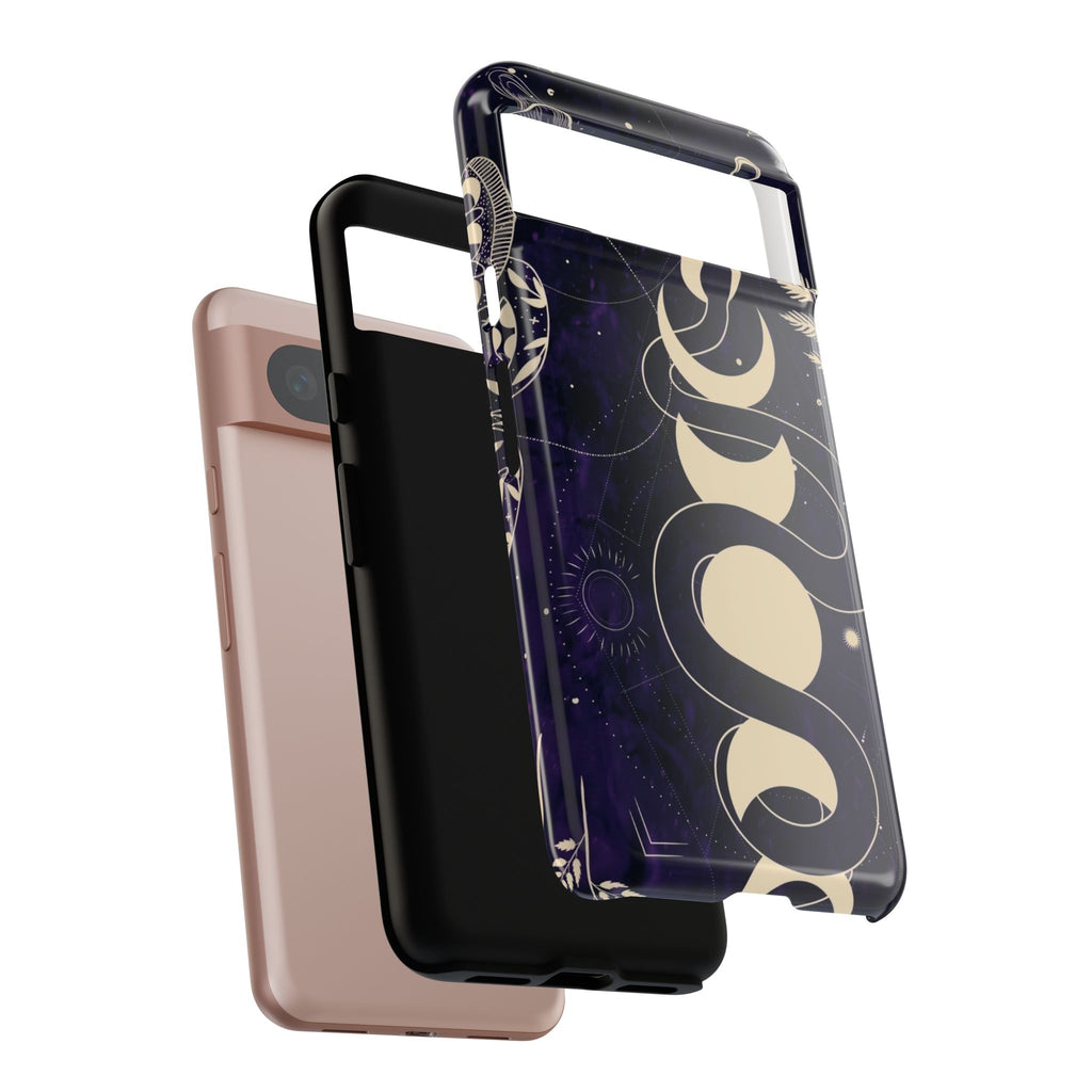 Dark Violet Phone Case with Lunar Phases, Snake & Cosmic Motifs | Durable and Stylish, Perfect for Astrology Lovers