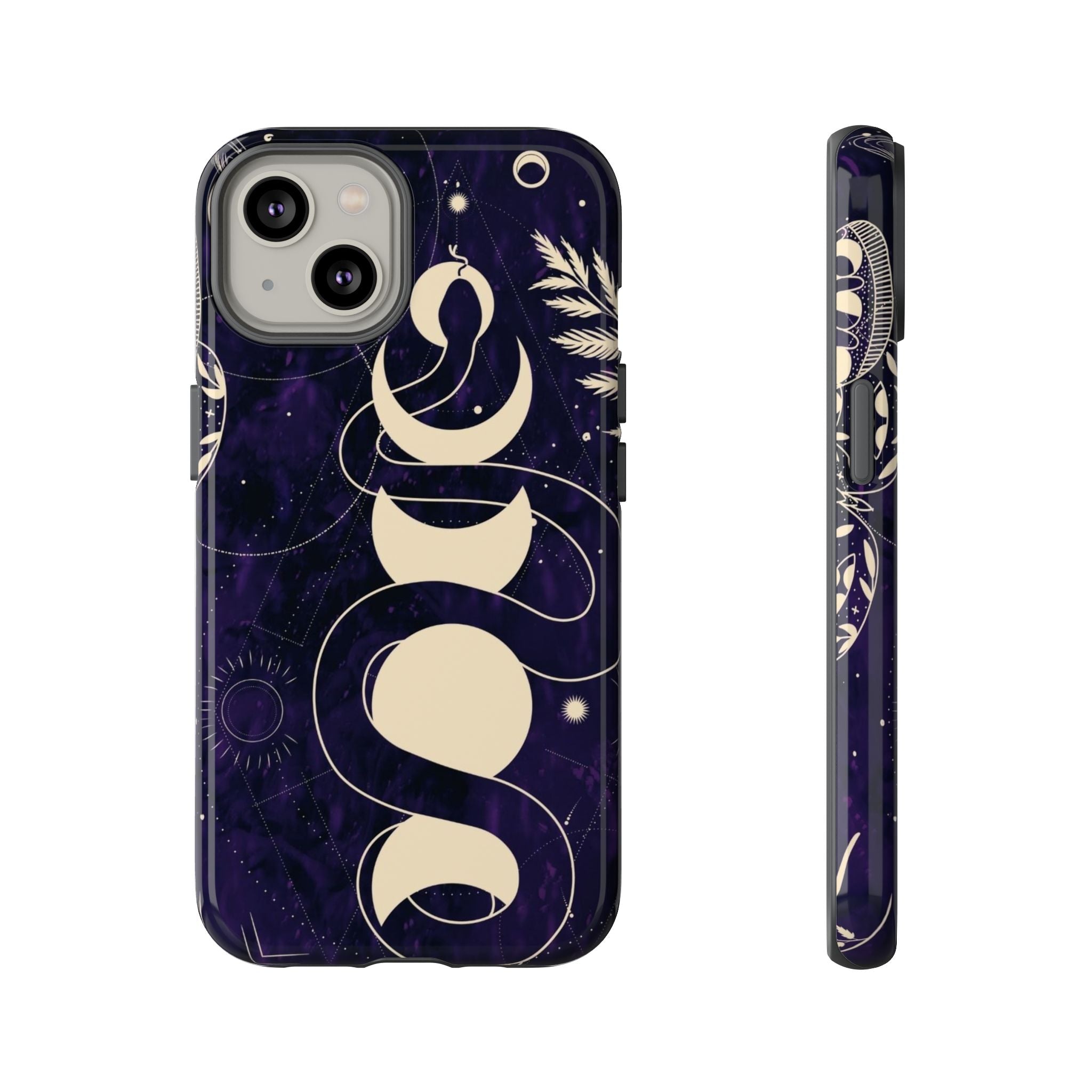 Dark Violet Phone Case with Lunar Phases, Snake & Cosmic Motifs | Durable and Stylish, Perfect for Astrology Lovers