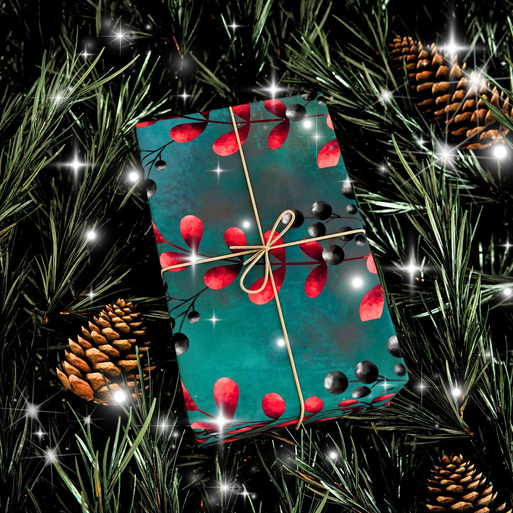 Winter Berry Holiday Wrapping Paper | Red Berries on Teal | Christmas Gift Wrap Sheets