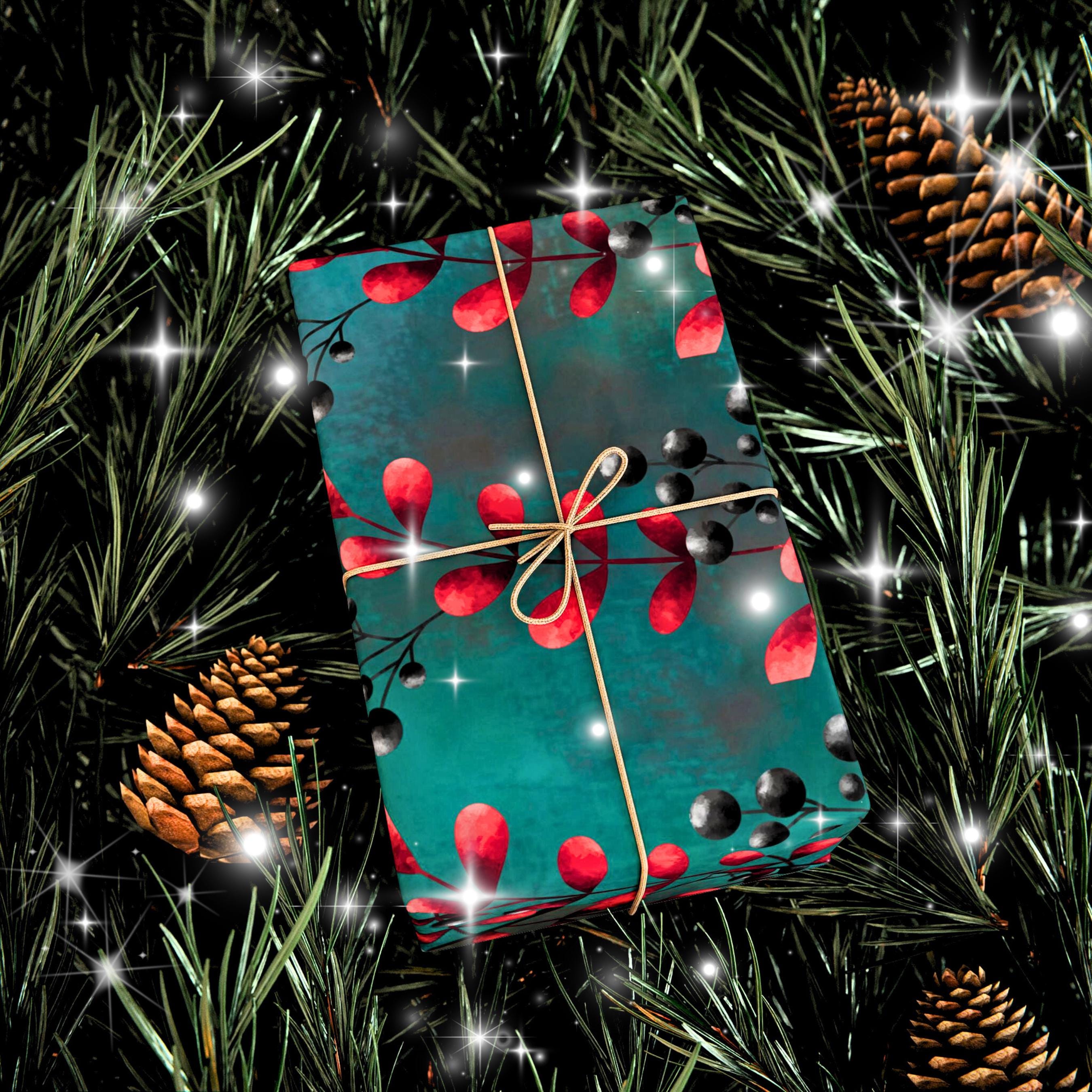 Winter Berry Holiday Wrapping Paper | Red Berries on Teal | Christmas Gift Wrap Sheets