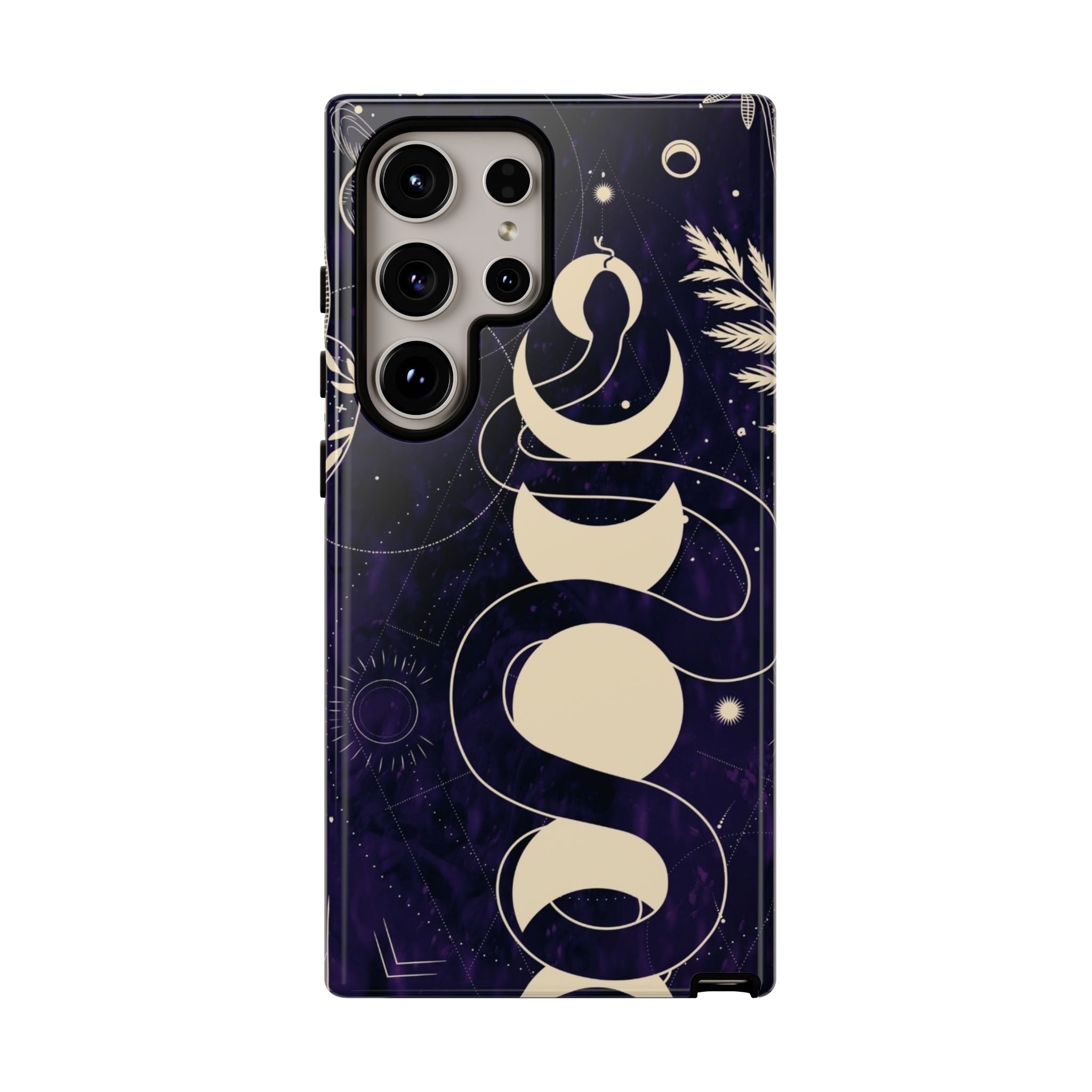 Dark Violet Phone Case with Lunar Phases, Snake & Cosmic Motifs | Durable and Stylish, Perfect for Astrology Lovers