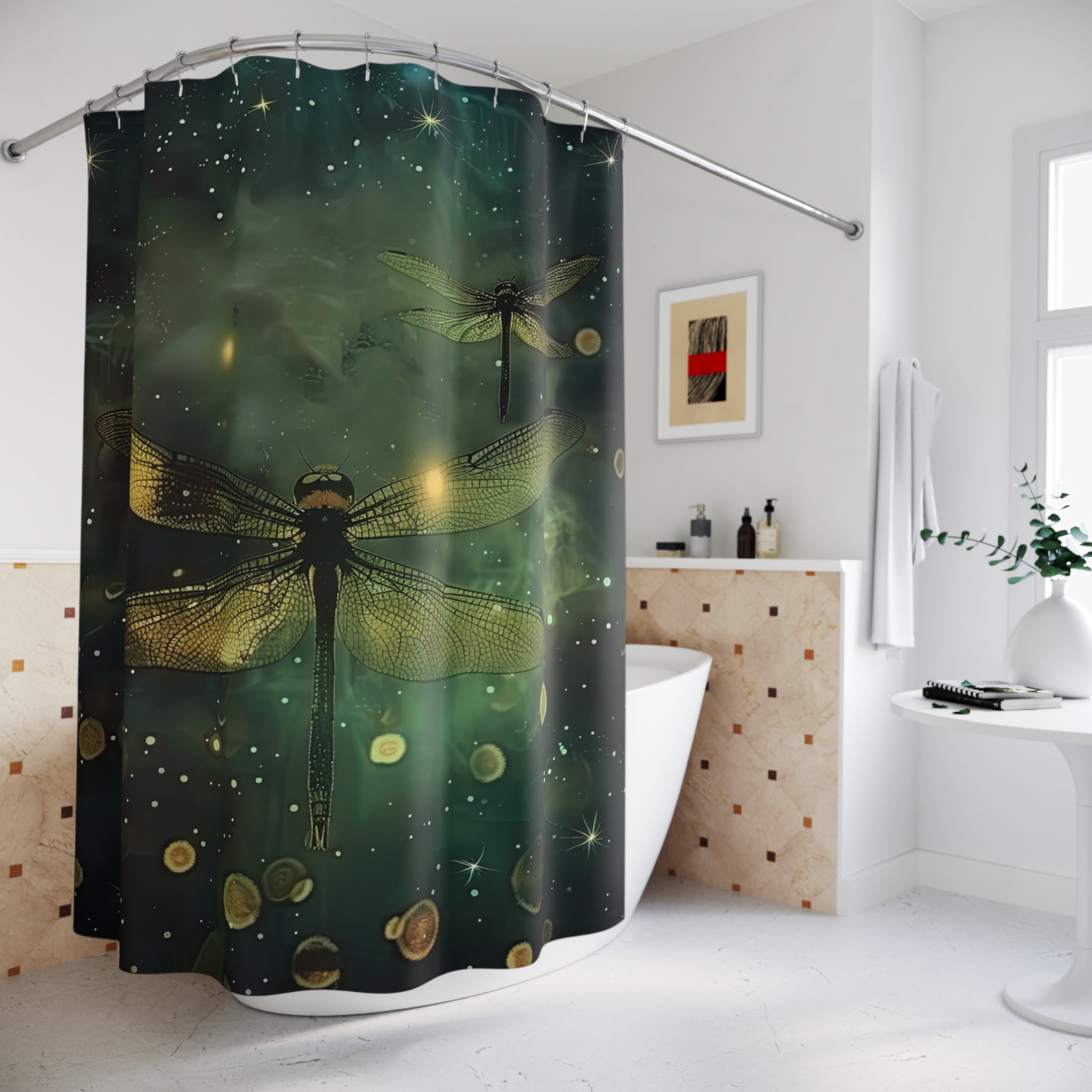 Cosmic Dragonfly Shower Curtain, Boho Bathroom Decor, Celestial Home Decor, Unique Gift for Nature Lovers, Space-Inspired Bathroom