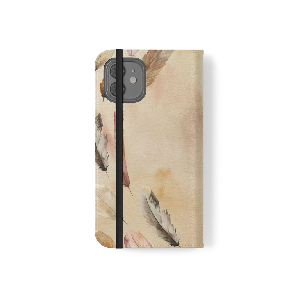 Feathers Flip Case, Phone Case, Protective Cover, Faux Leather Stand Feature Card & Cash Storage, Vibrant Colors, Stylish and Practical