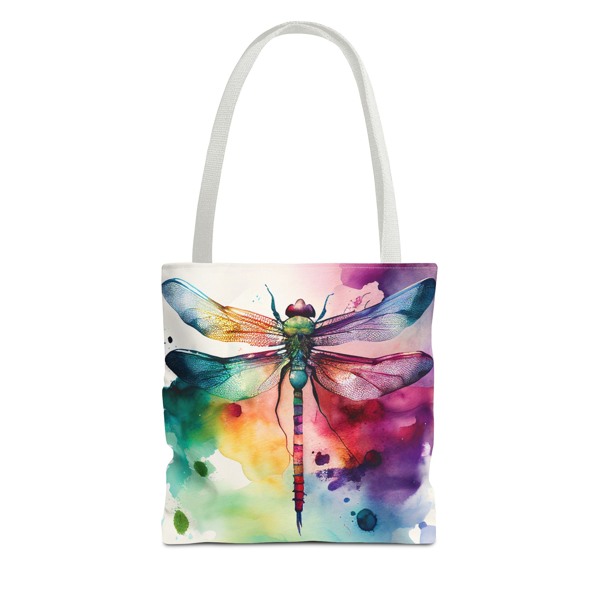 Dragonfly Watercolor Tote Bag, Colorful AOP Tote, Three Sizes, 5 Handle Colors, Nature Lover Gift, Eco-friendly Reusable Bag, Beach Bag,