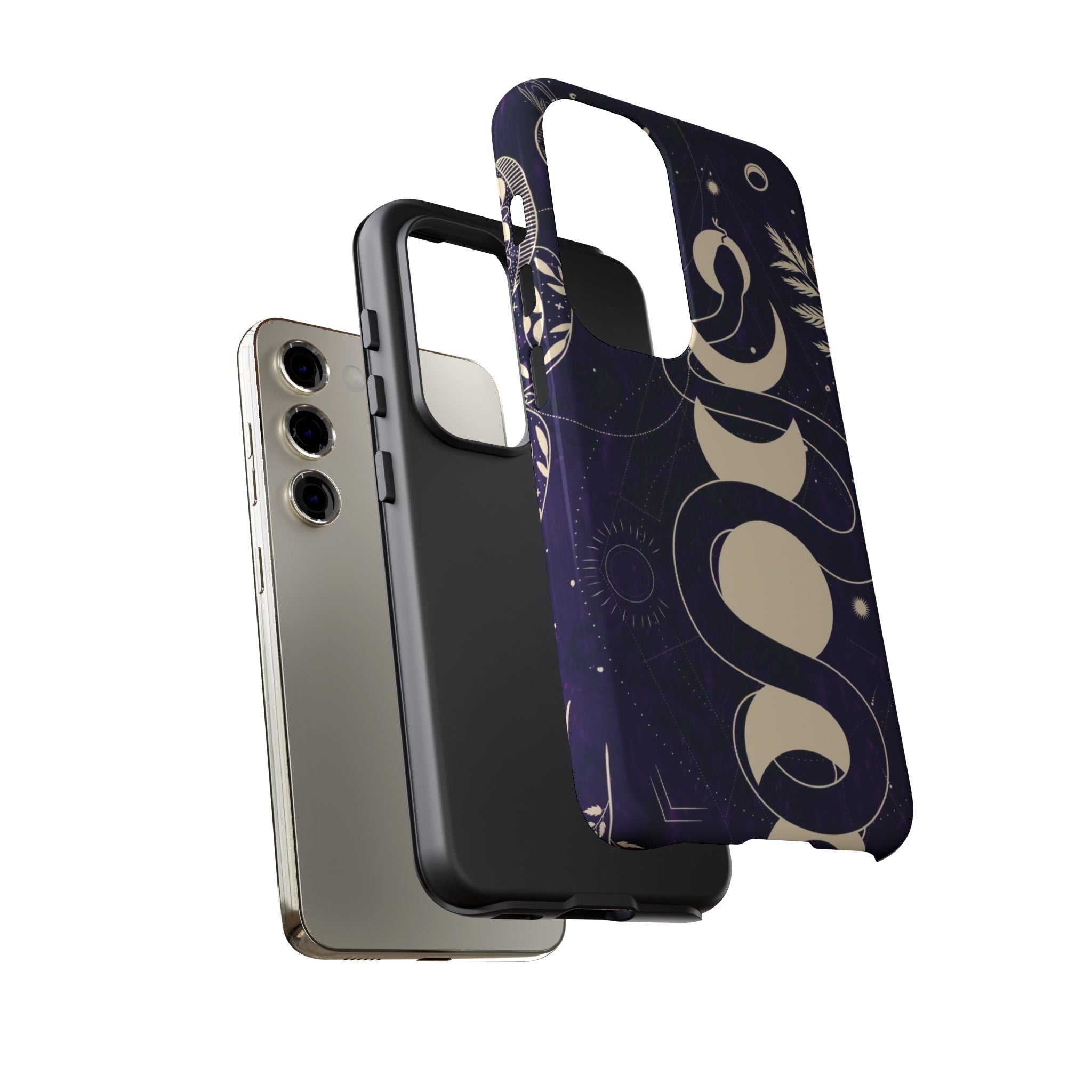 Dark Violet Phone Case with Lunar Phases, Snake & Cosmic Motifs | Durable and Stylish, Perfect for Astrology Lovers