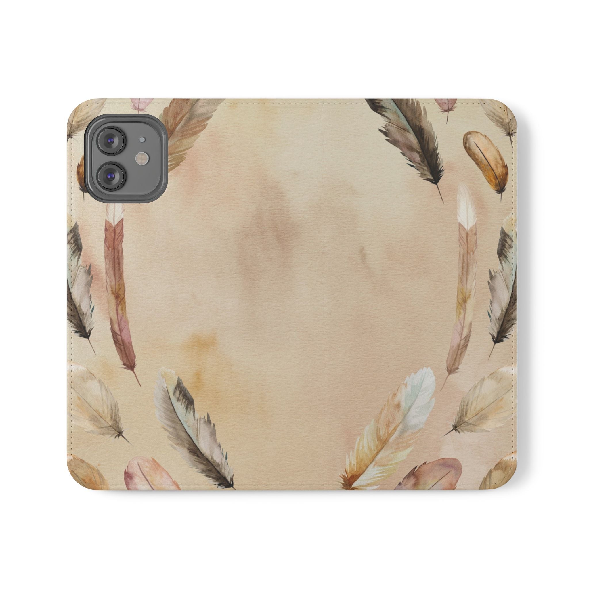 Feathers Flip Case, Phone Case, Protective Cover, Faux Leather Stand Feature Card & Cash Storage, Vibrant Colors, Stylish and Practical