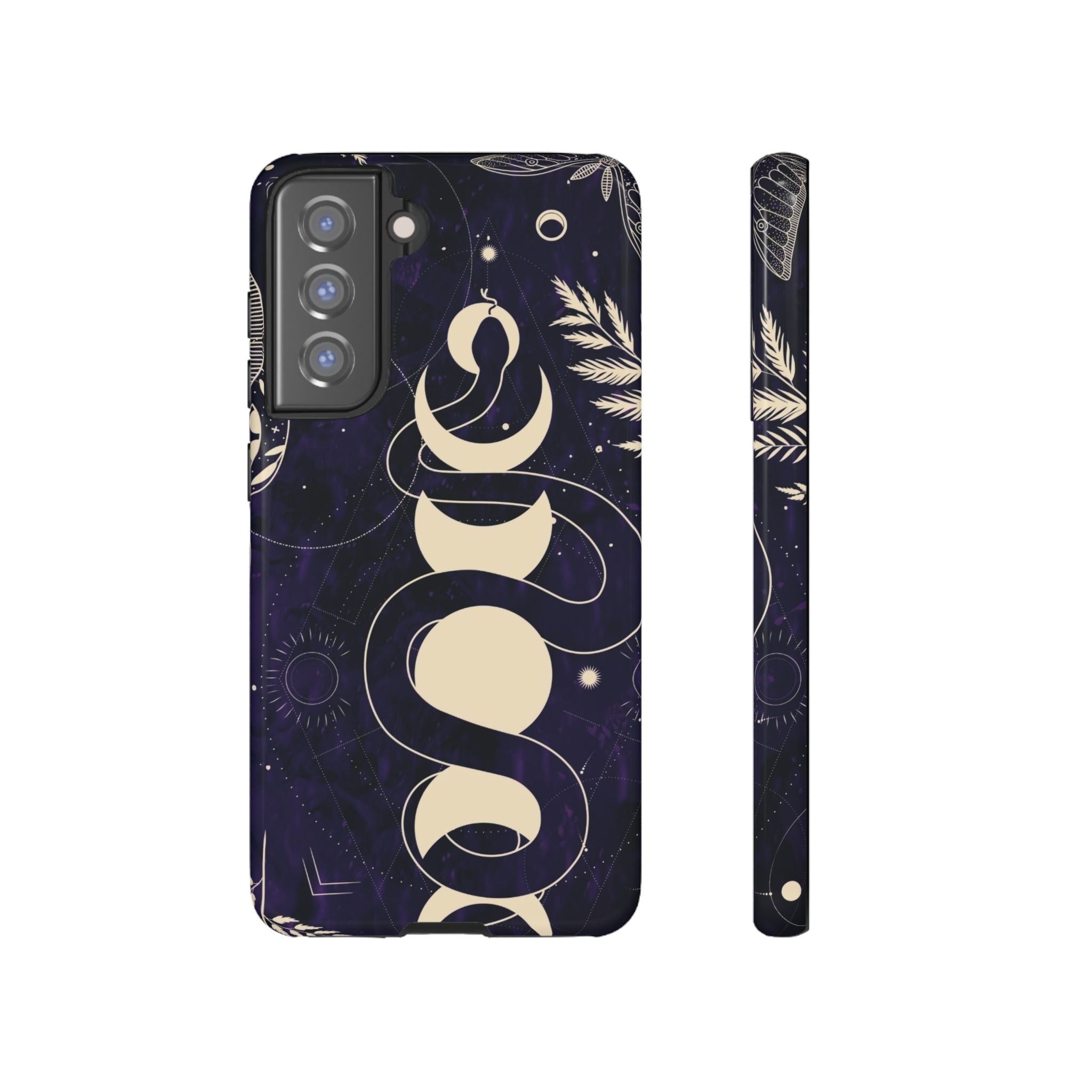 Dark Violet Phone Case with Lunar Phases, Snake & Cosmic Motifs | Durable and Stylish, Perfect for Astrology Lovers