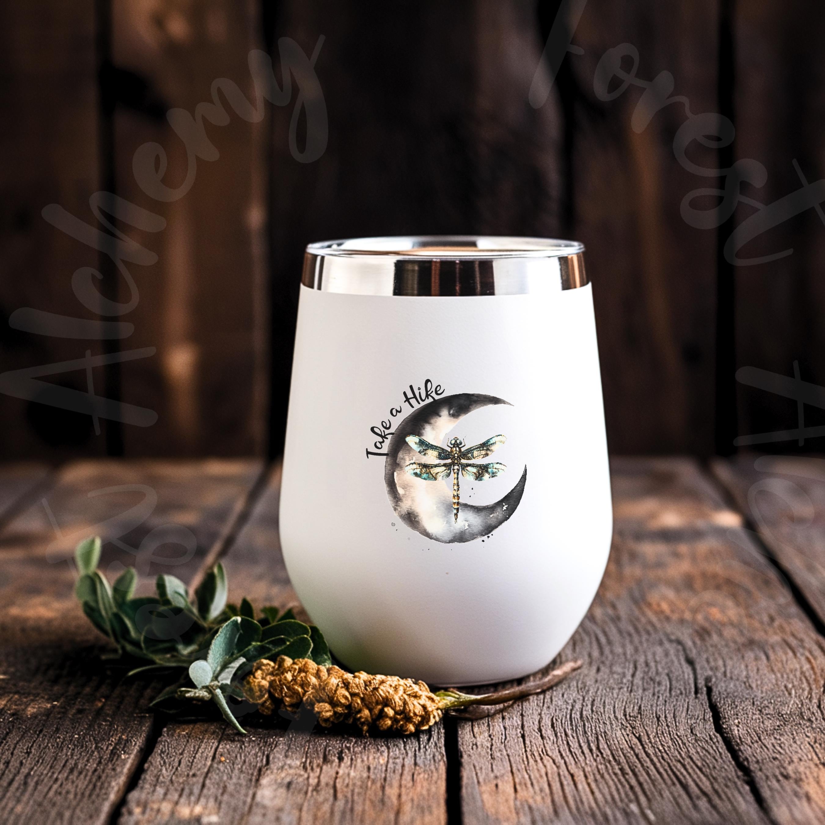 Moon & Dragonfly Wine Tumbler: Stainless Steel Insulated Hiking Cup