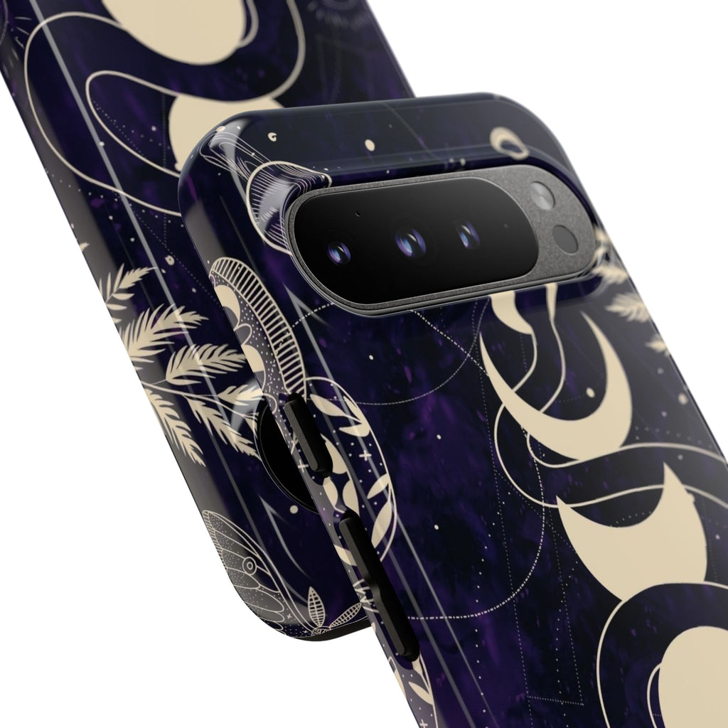 Dark Violet Phone Case with Lunar Phases, Snake & Cosmic Motifs | Durable and Stylish, Perfect for Astrology Lovers
