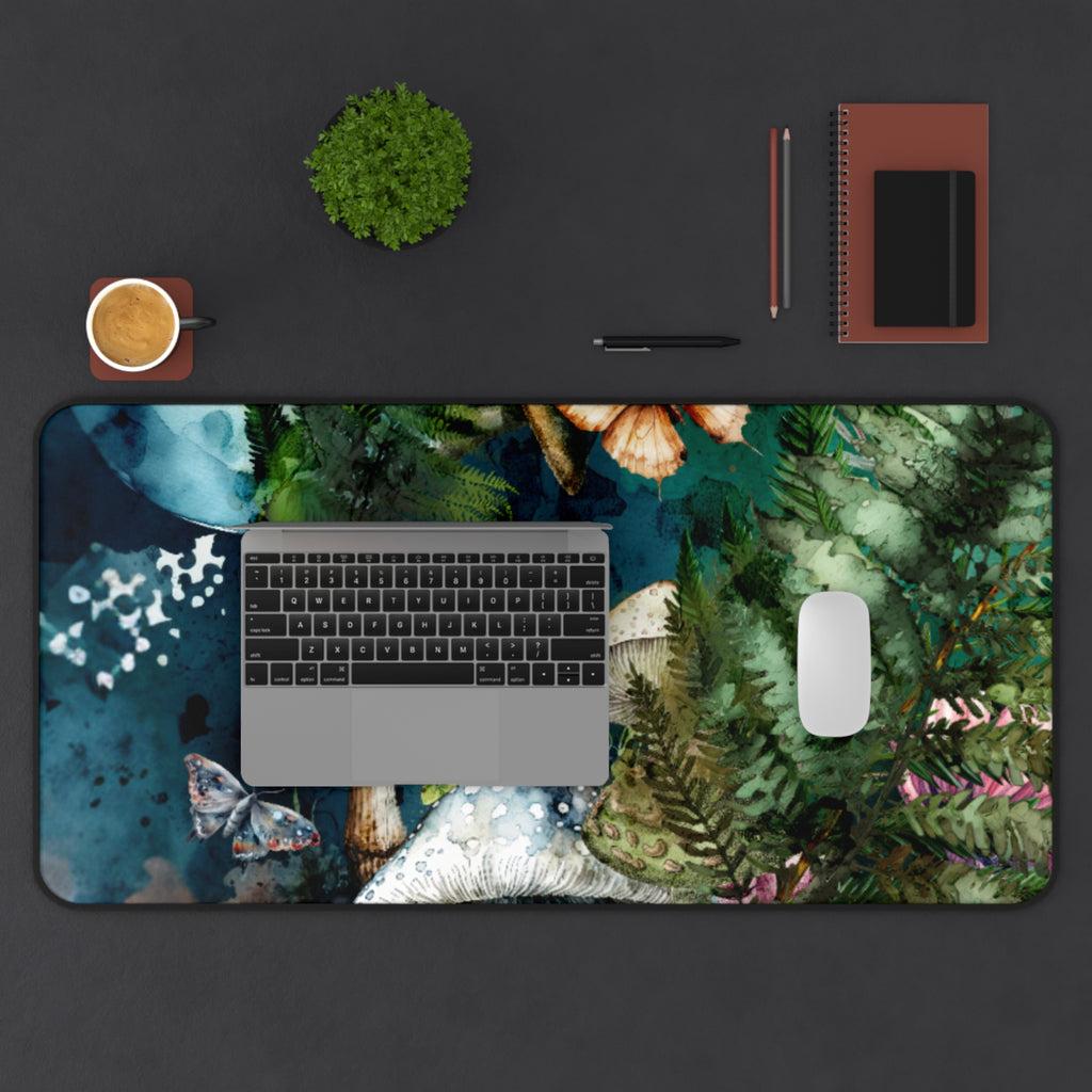 Mushroom Forest Desk Mat – Botanical Mouse Pad with Ferns & Butterflies