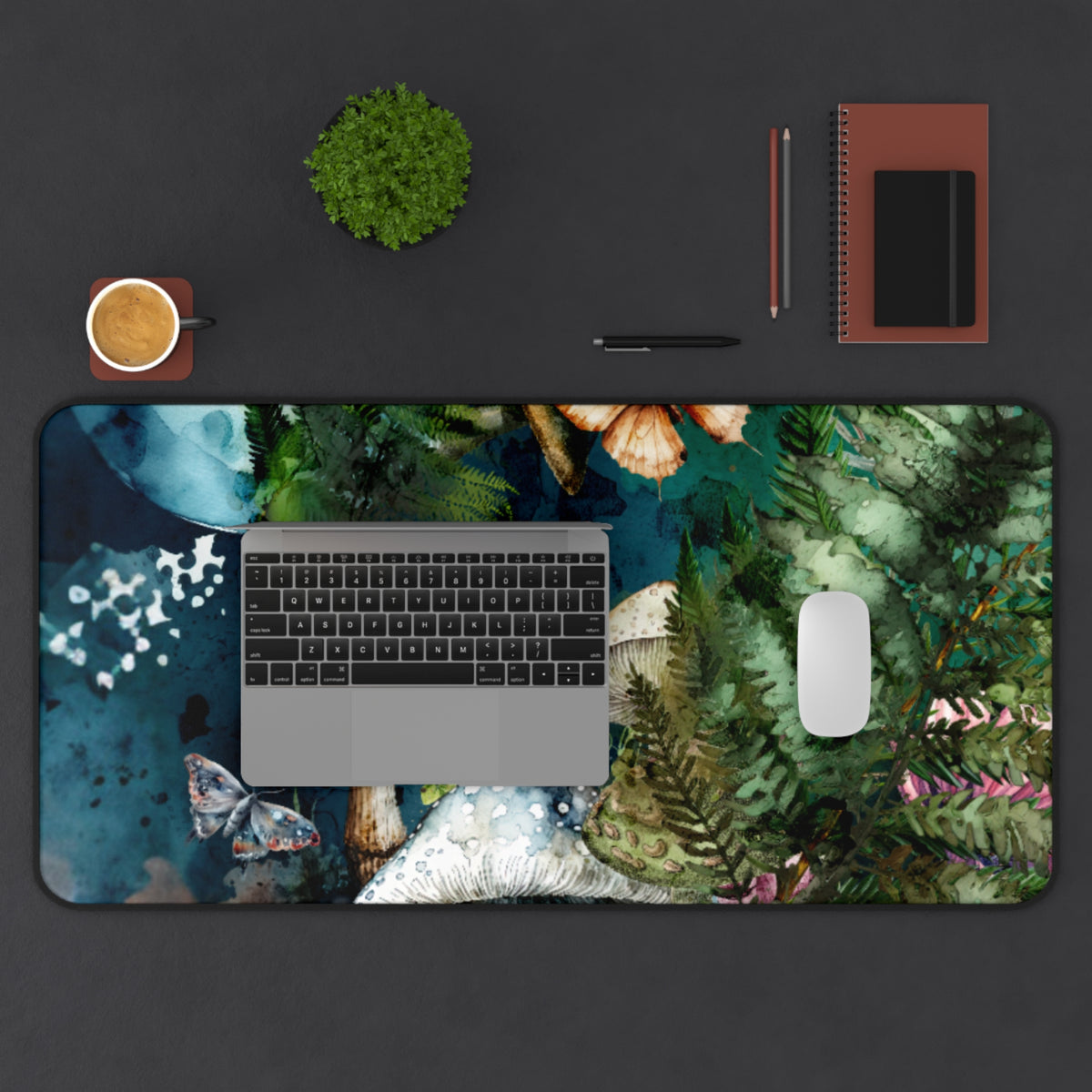 Mushroom Forest Desk Mat – Botanical Mouse Pad with Ferns & Butterflies