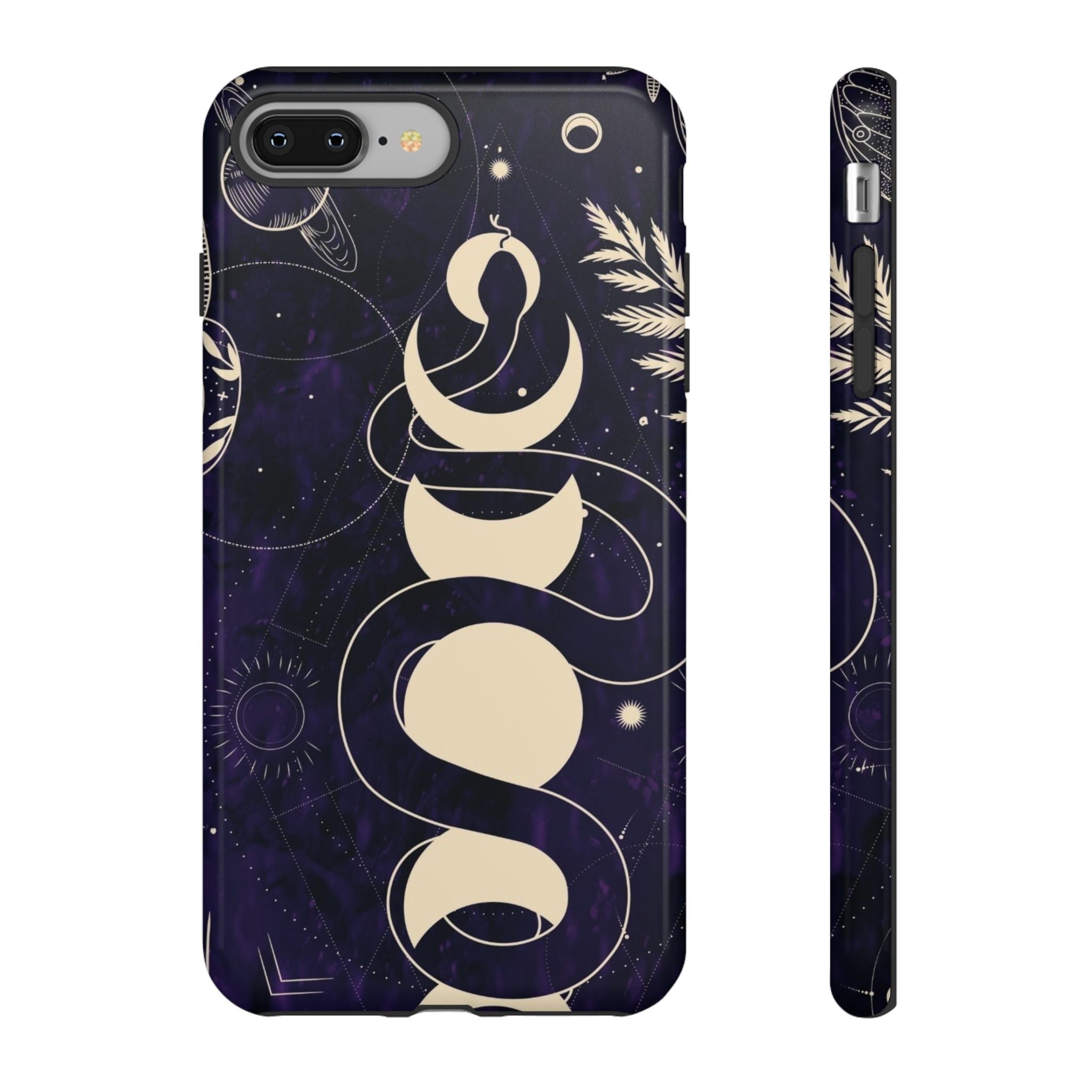 Dark Violet Phone Case with Lunar Phases, Snake & Cosmic Motifs | Durable and Stylish, Perfect for Astrology Lovers