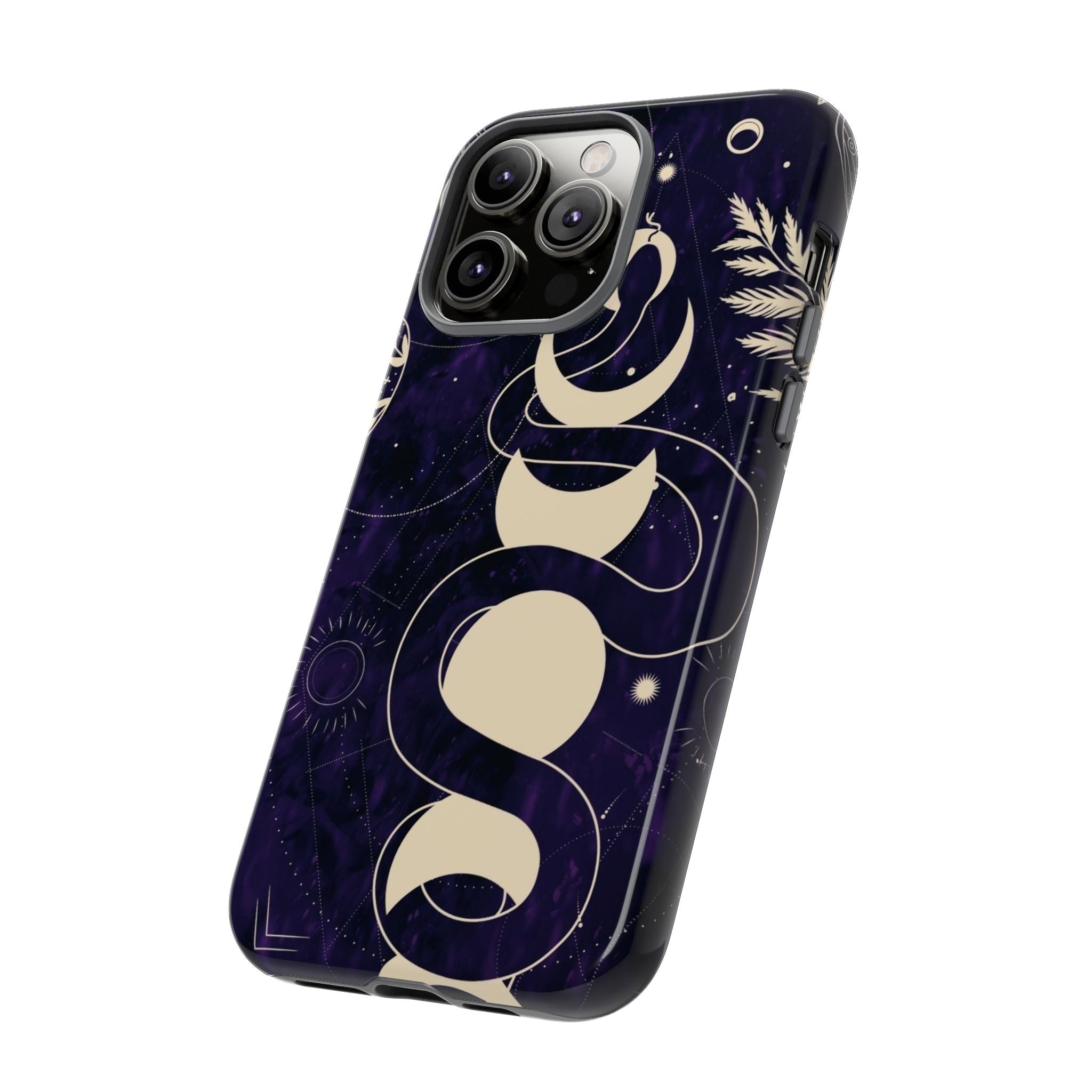 Dark Violet Phone Case with Lunar Phases, Snake & Cosmic Motifs | Durable and Stylish, Perfect for Astrology Lovers