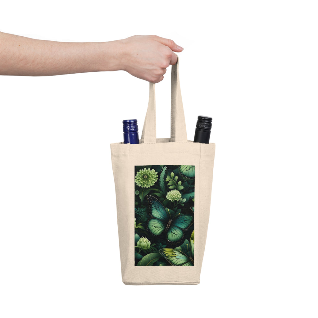 Botanical Double Wine Tote Bag - Emerald Butterflies, Gift for Wine Lovers, Eco-Friendly Gift, Wine Carrier, Picnic Essential, Mother's Day