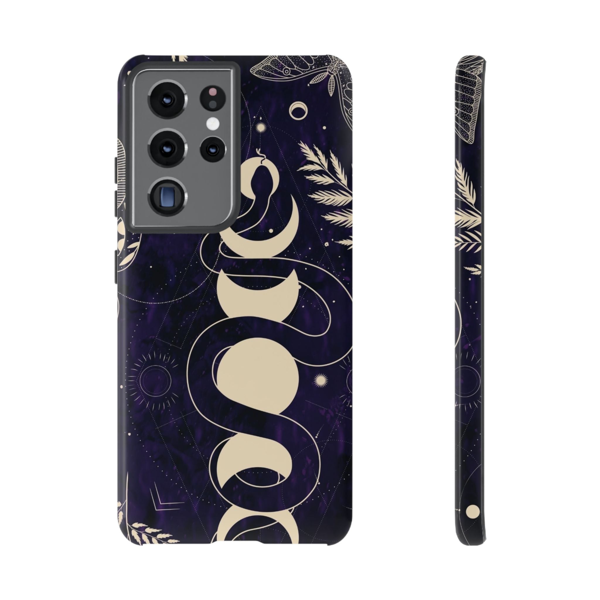 Dark Violet Phone Case with Lunar Phases, Snake & Cosmic Motifs | Durable and Stylish, Perfect for Astrology Lovers
