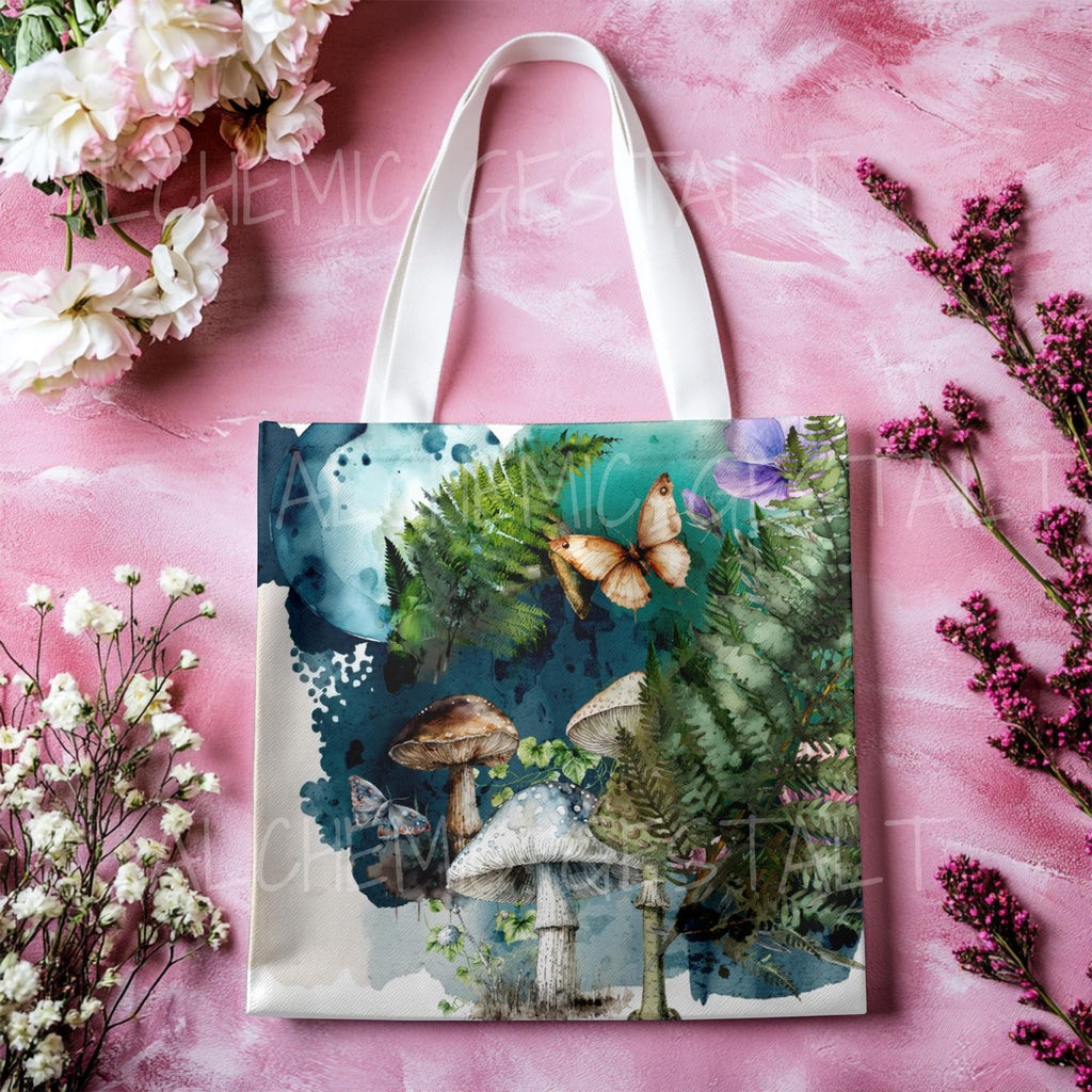 Watercolor Fern and Mushroom Tote Bag: Eco-Friendly Floral Shopping Bag