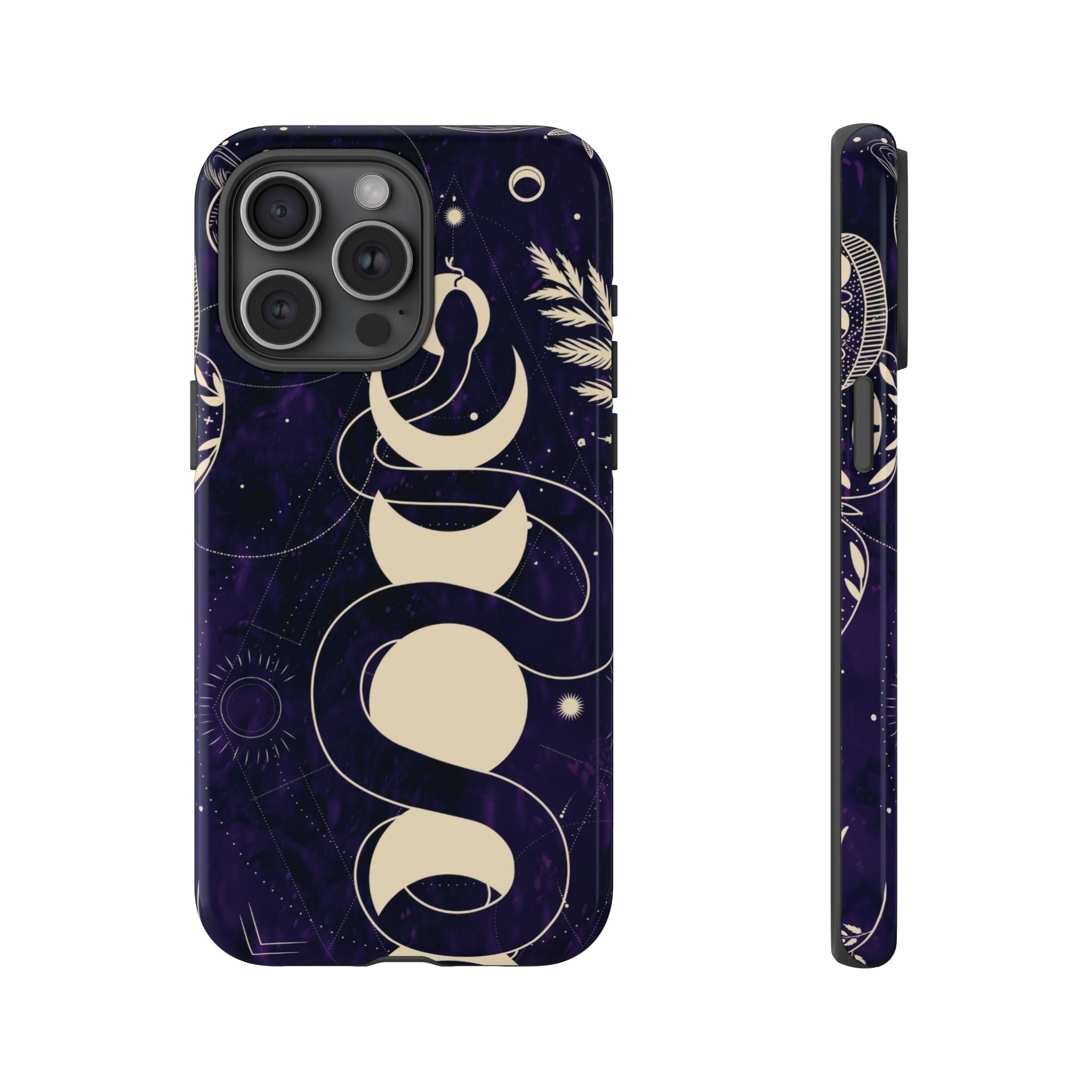 Dark Violet Phone Case with Lunar Phases, Snake & Cosmic Motifs | Durable and Stylish, Perfect for Astrology Lovers